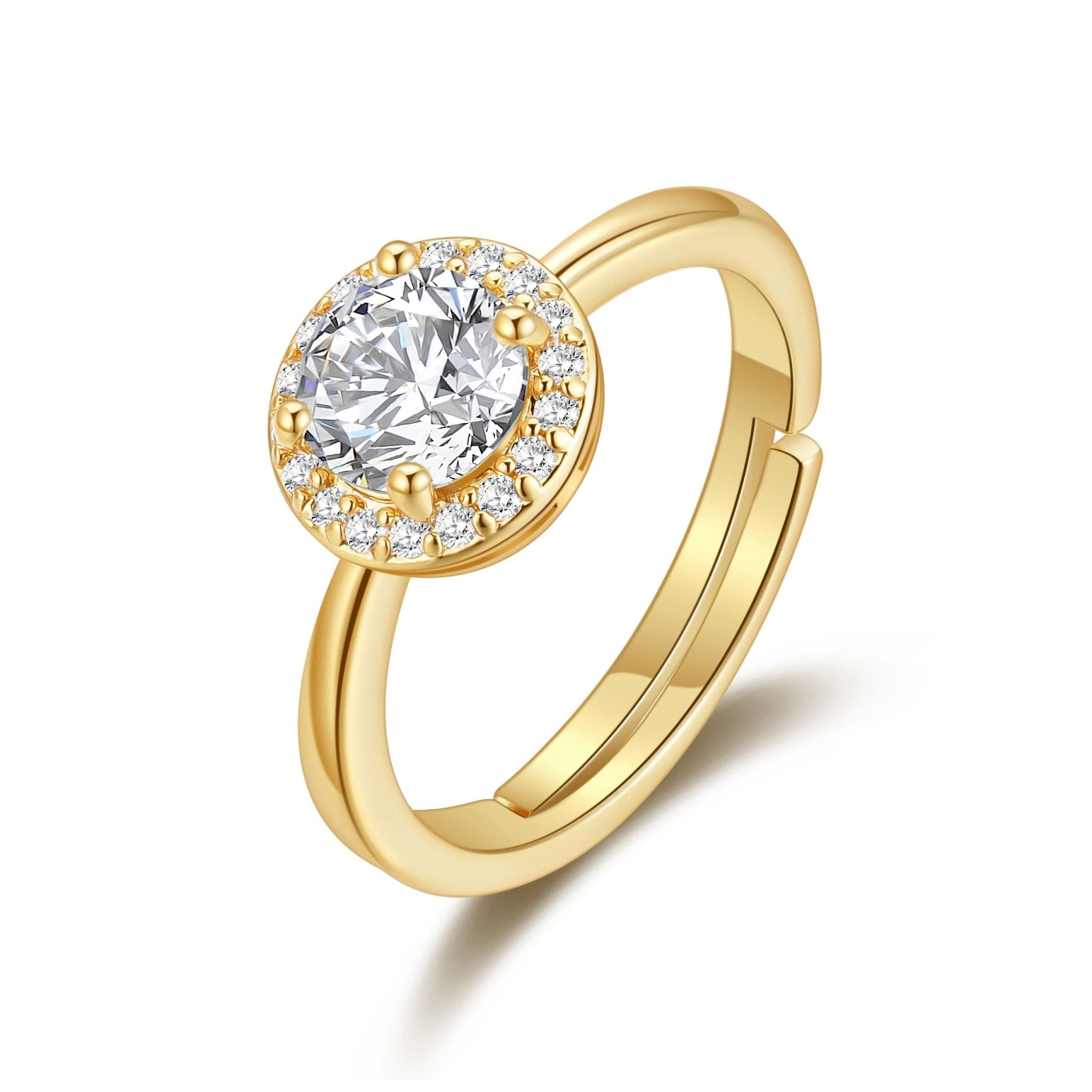 18k Gold Plated Round Halo Adjustable Ring Created with Zircondia® Crystals