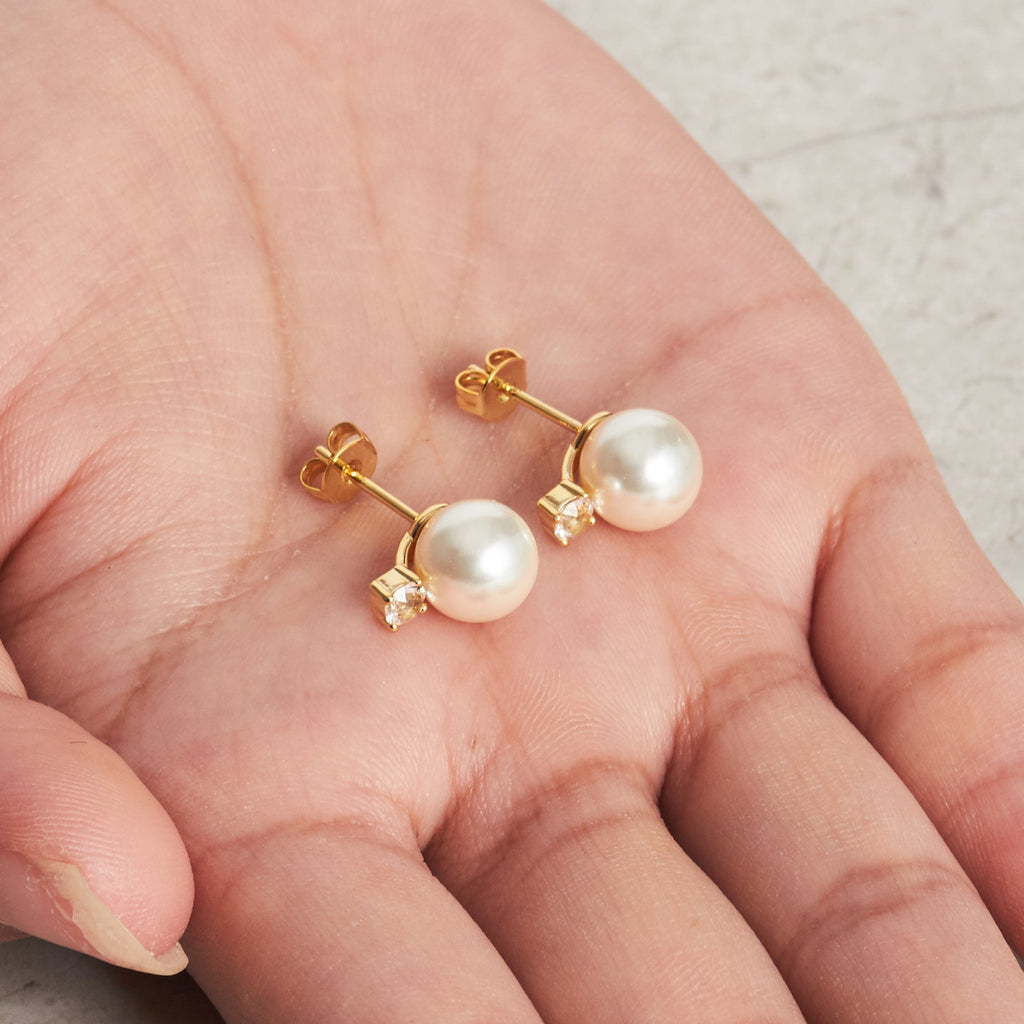18k Gold Plated Round Shell Pearl Earrings Created with Zircondia® Crystals