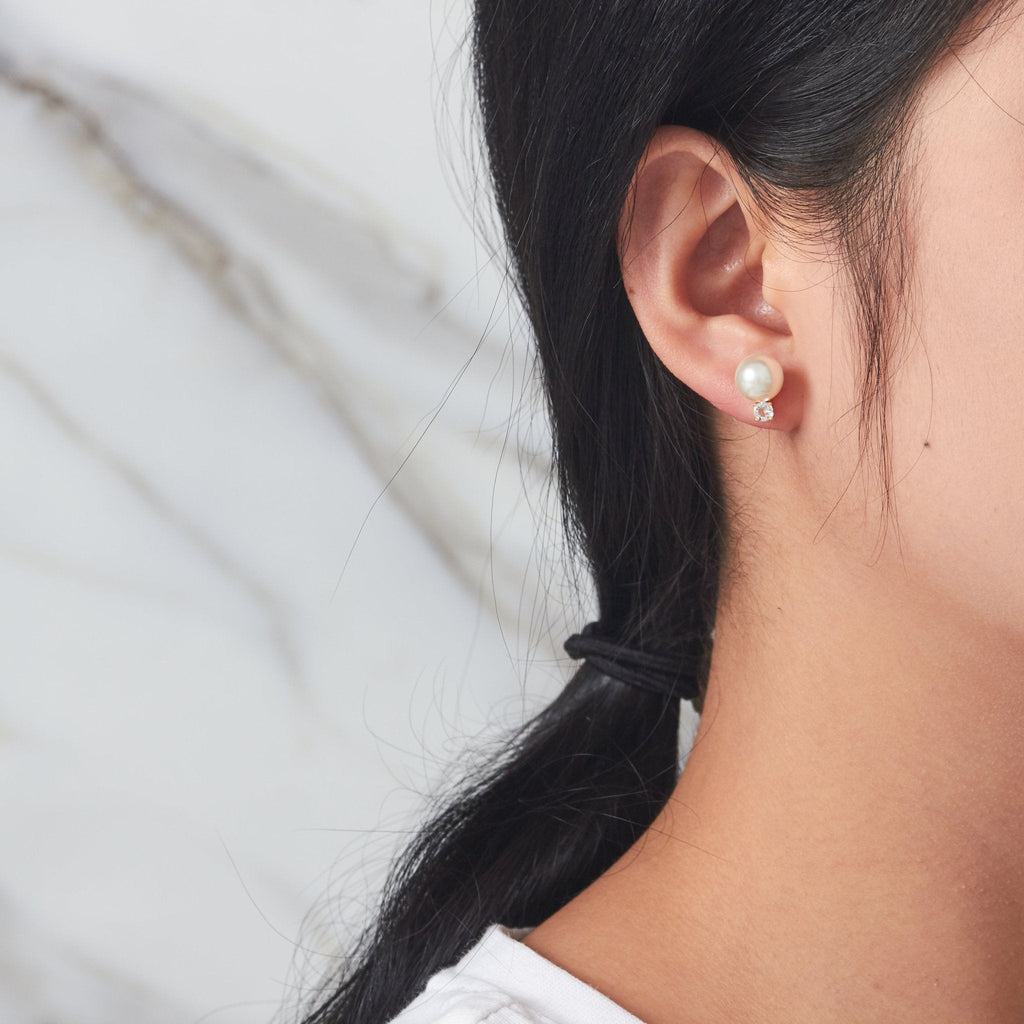 18k Gold Plated Round Shell Pearl Earrings Created with Zircondia® Crystals