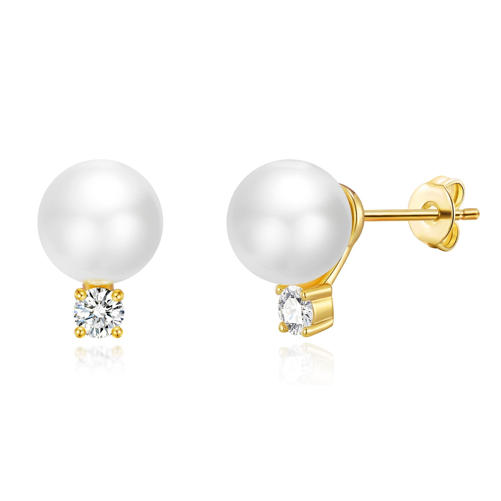 18k Gold Plated Round Shell Pearl Earrings Created with Zircondia® Crystals