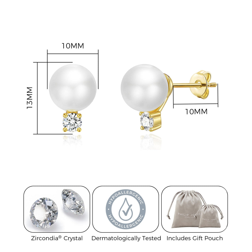 18k Gold Plated Round Shell Pearl Earrings Created with Zircondia® Crystals