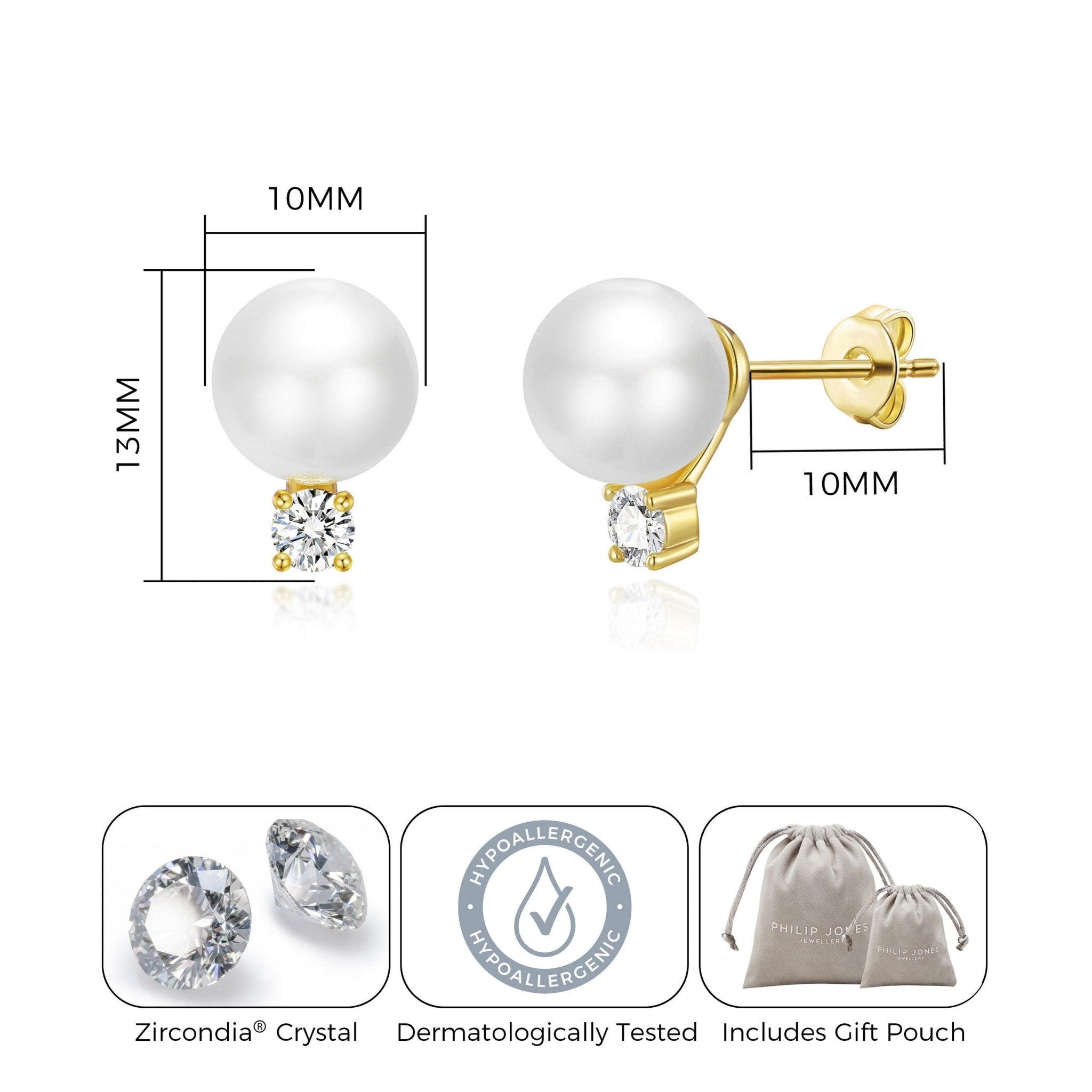 18k Gold Plated Round Shell Pearl Earrings Created with Zircondia® Crystals