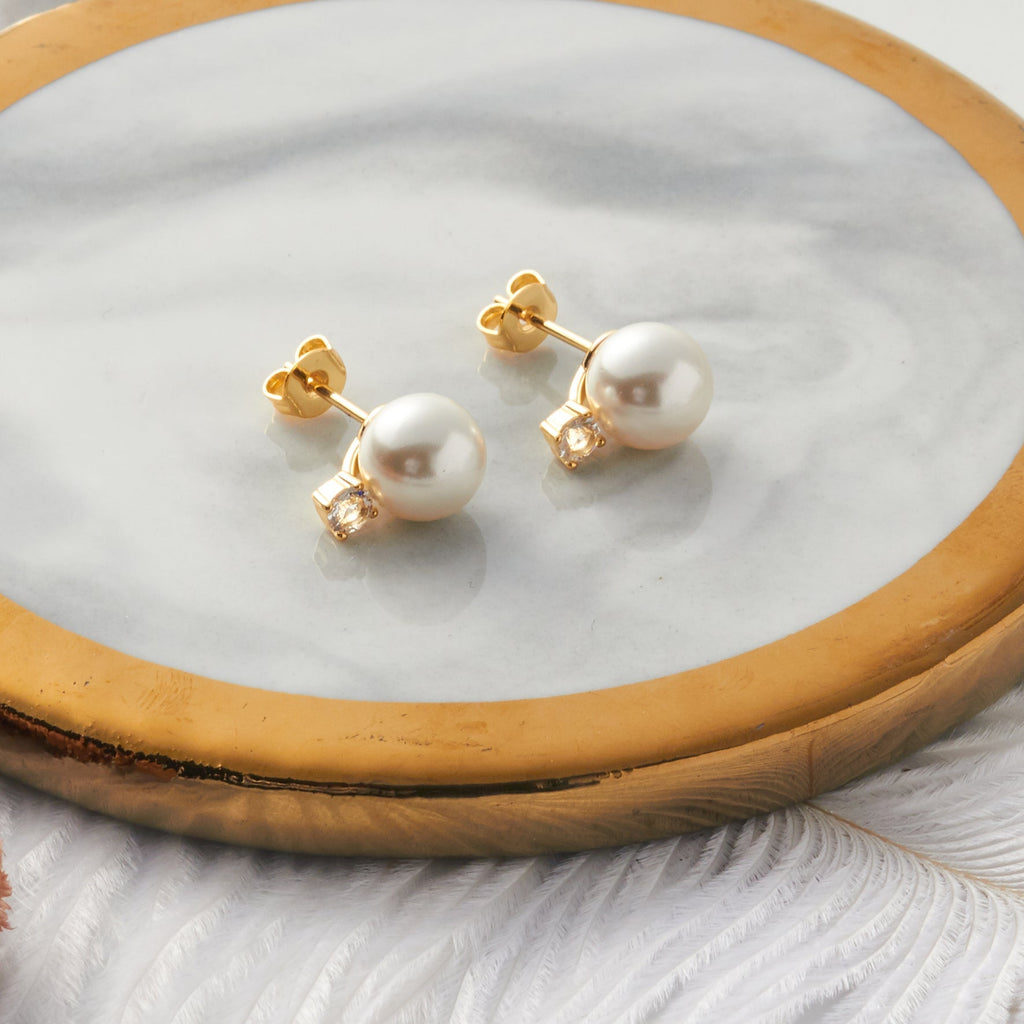 18k Gold Plated Round Shell Pearl Earrings Created with Zircondia® Crystals
