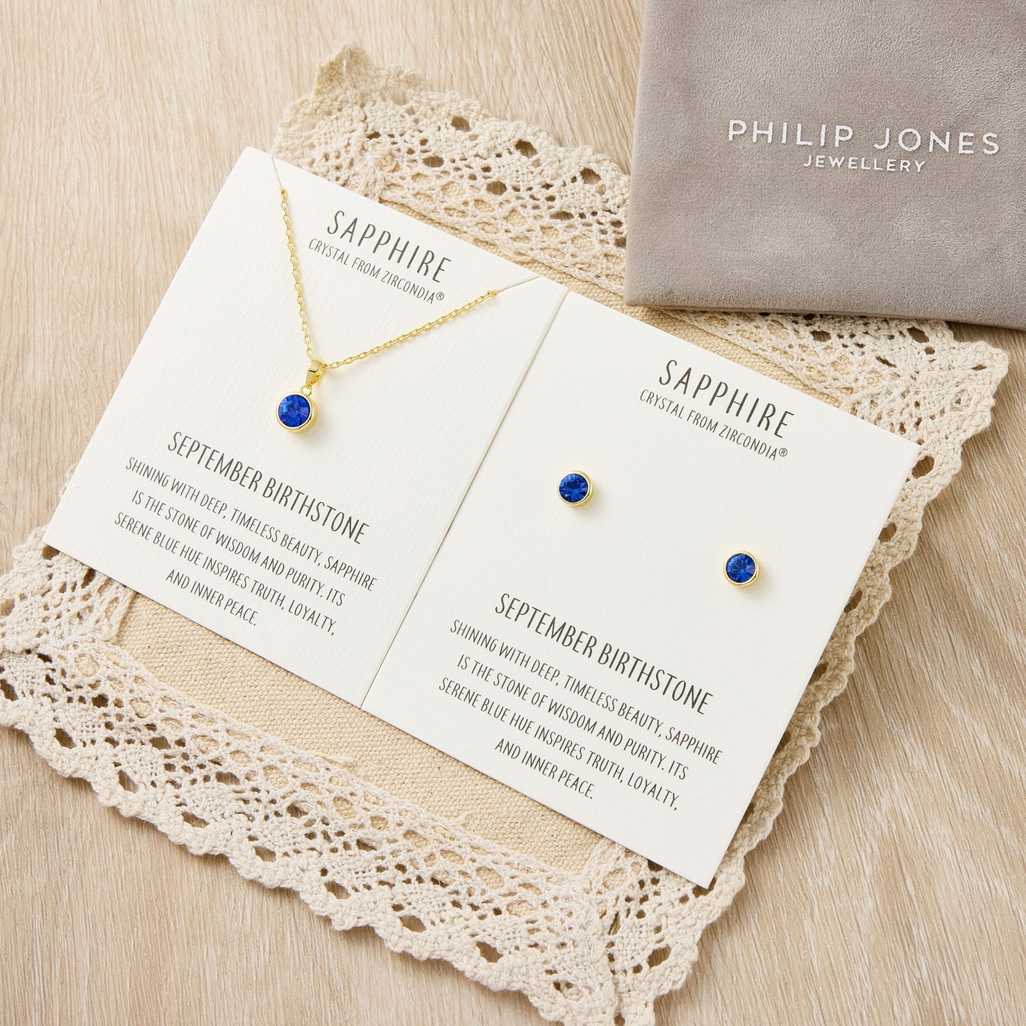18k Gold Plated September (Sapphire) Birthstone Necklace & Earrings Set Created with Zircondia® Crystals