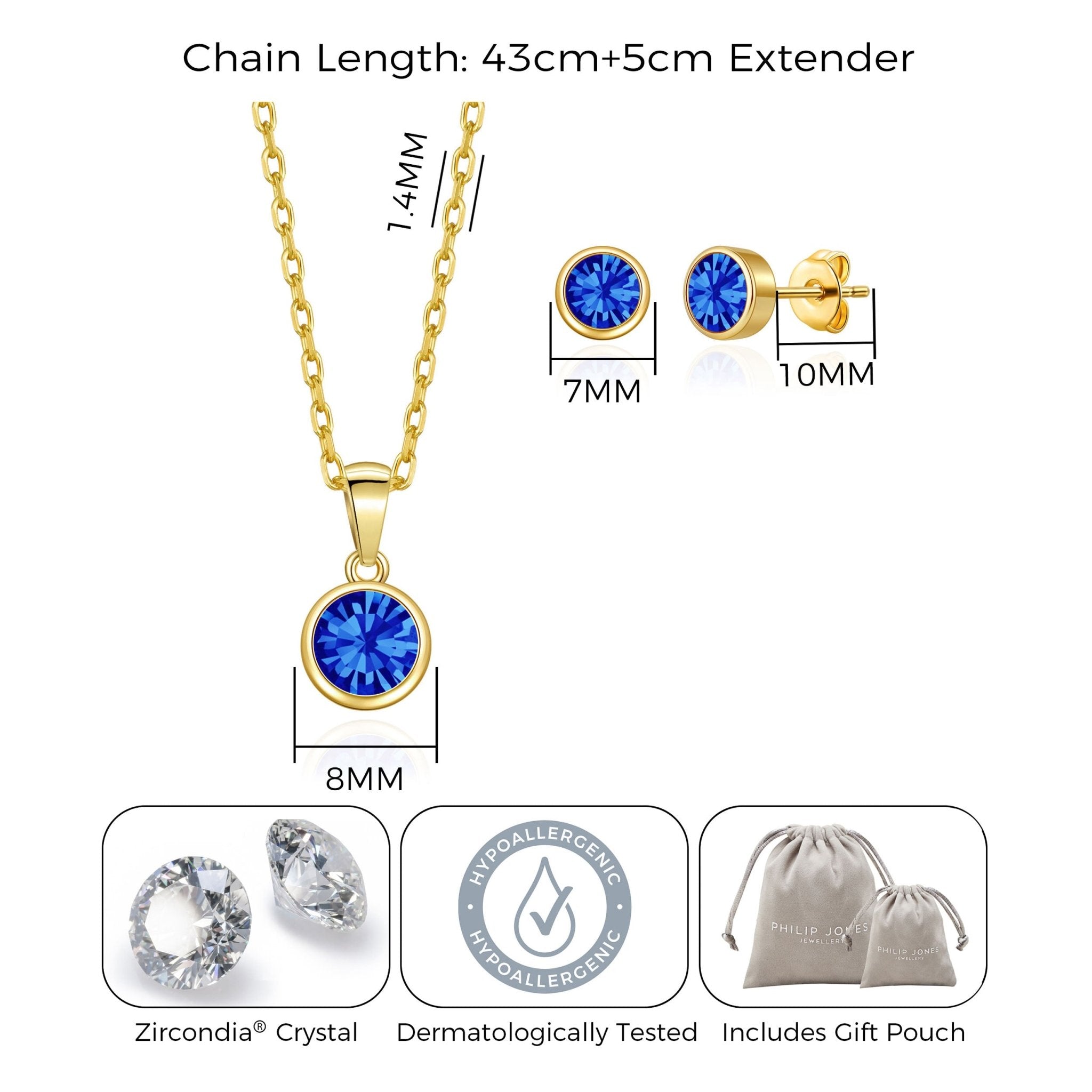 18k Gold Plated September (Sapphire) Birthstone Necklace & Earrings Set Created with Zircondia® Crystals