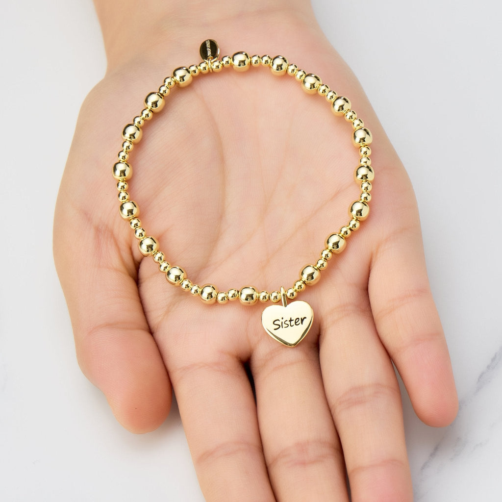 18k Gold Plated Sister Heart Charm Beaded Stretch Bracelet