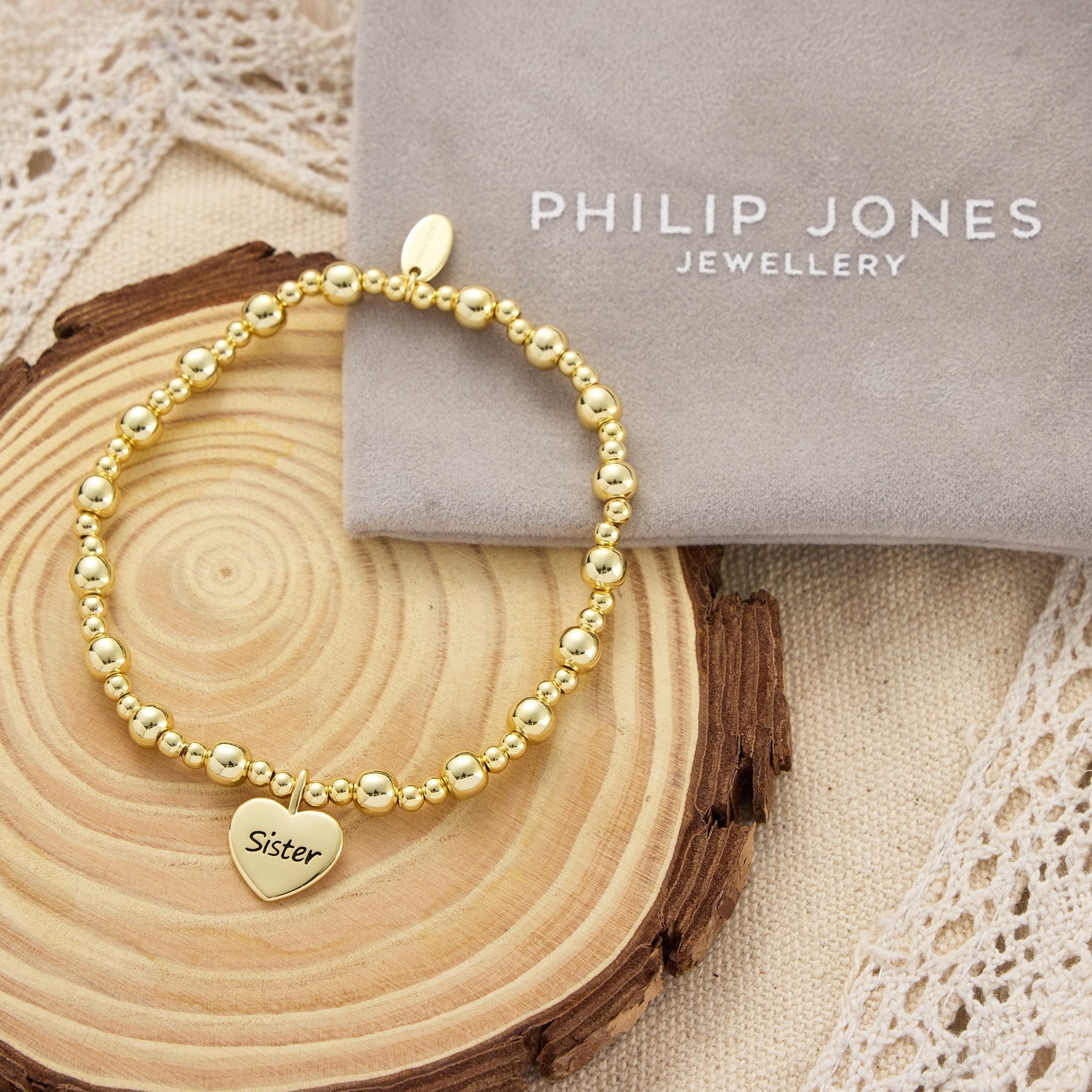 18k Gold Plated Sister Heart Charm Beaded Stretch Bracelet