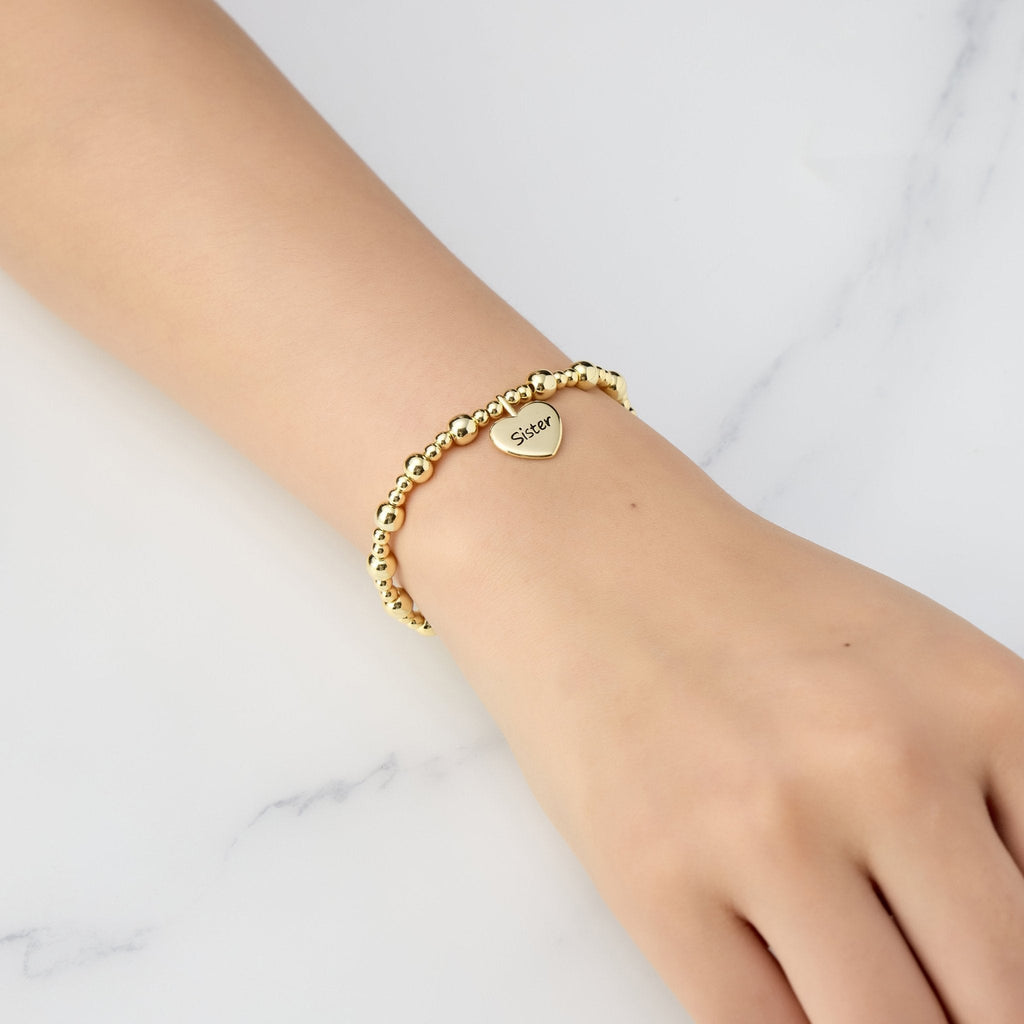 18k Gold Plated Sister Heart Charm Beaded Stretch Bracelet