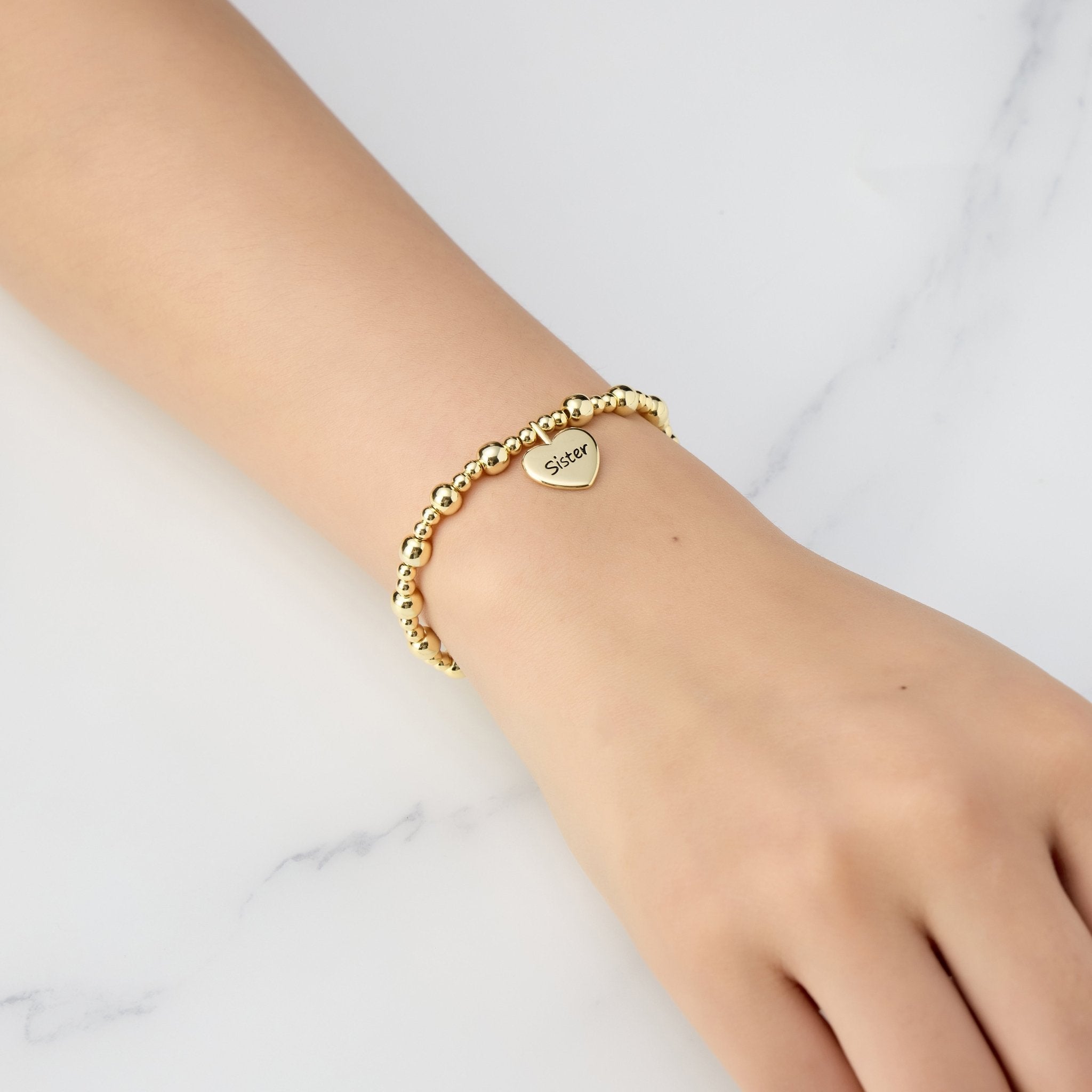 18k Gold Plated Sister Heart Charm Beaded Stretch Bracelet