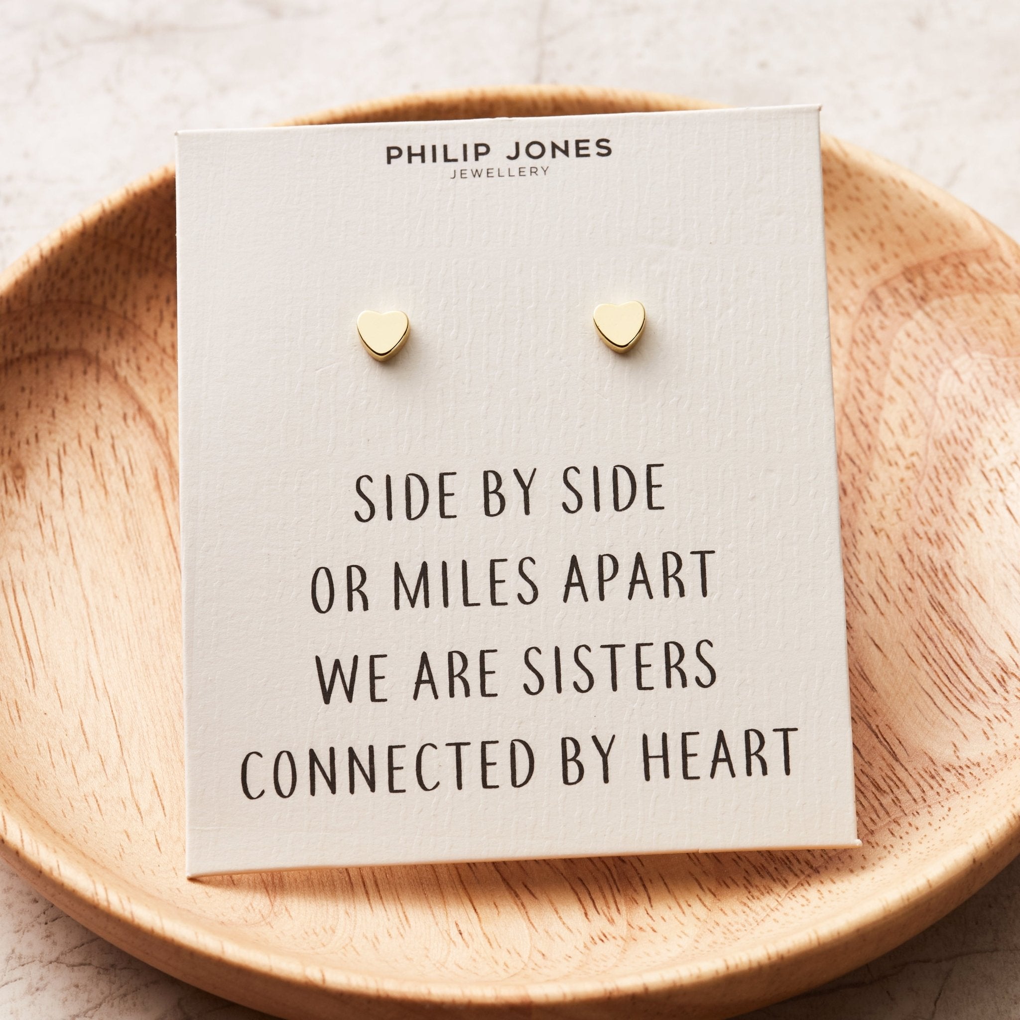 18k Gold Plated Sister Heart Stud Earrings with Quote Card