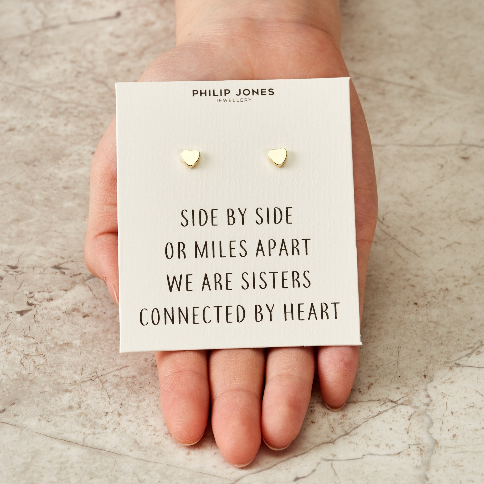 18k Gold Plated Sister Heart Stud Earrings with Quote Card