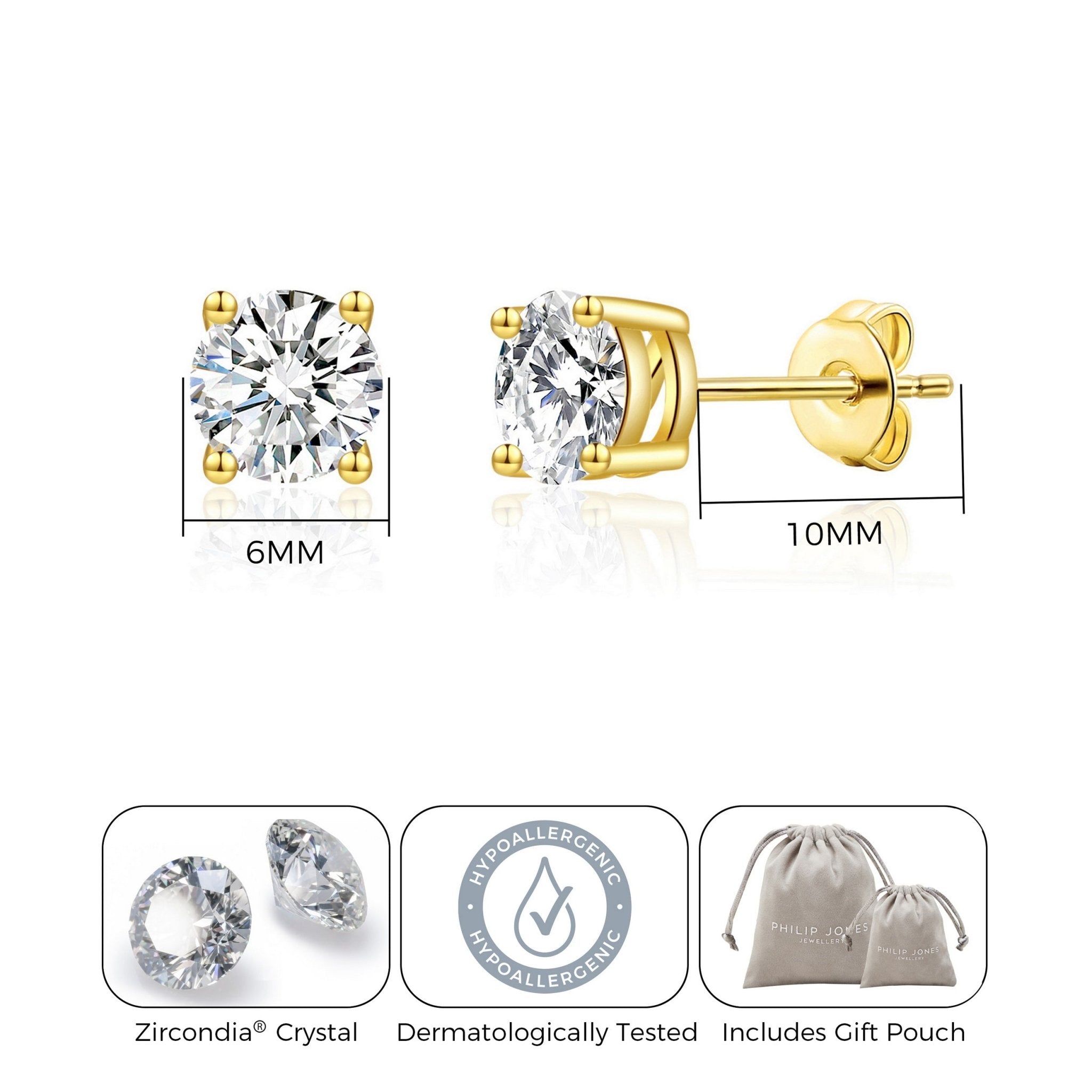 18k Gold Plated Solitaire Crystal Stud Earrings Created with Zircondia® Crystals