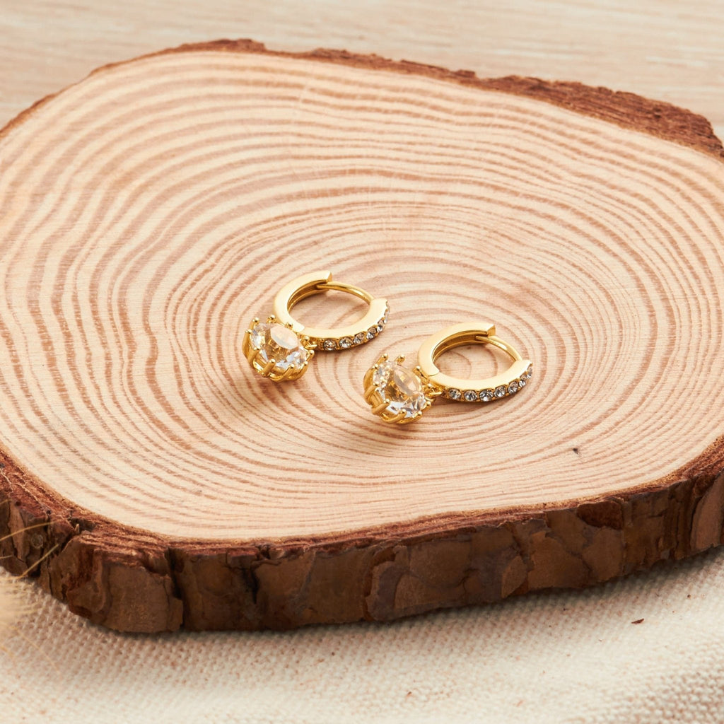 18k Gold Plated Solitaire Drop Hoop Earrings Created with Zircondia® Crystals
