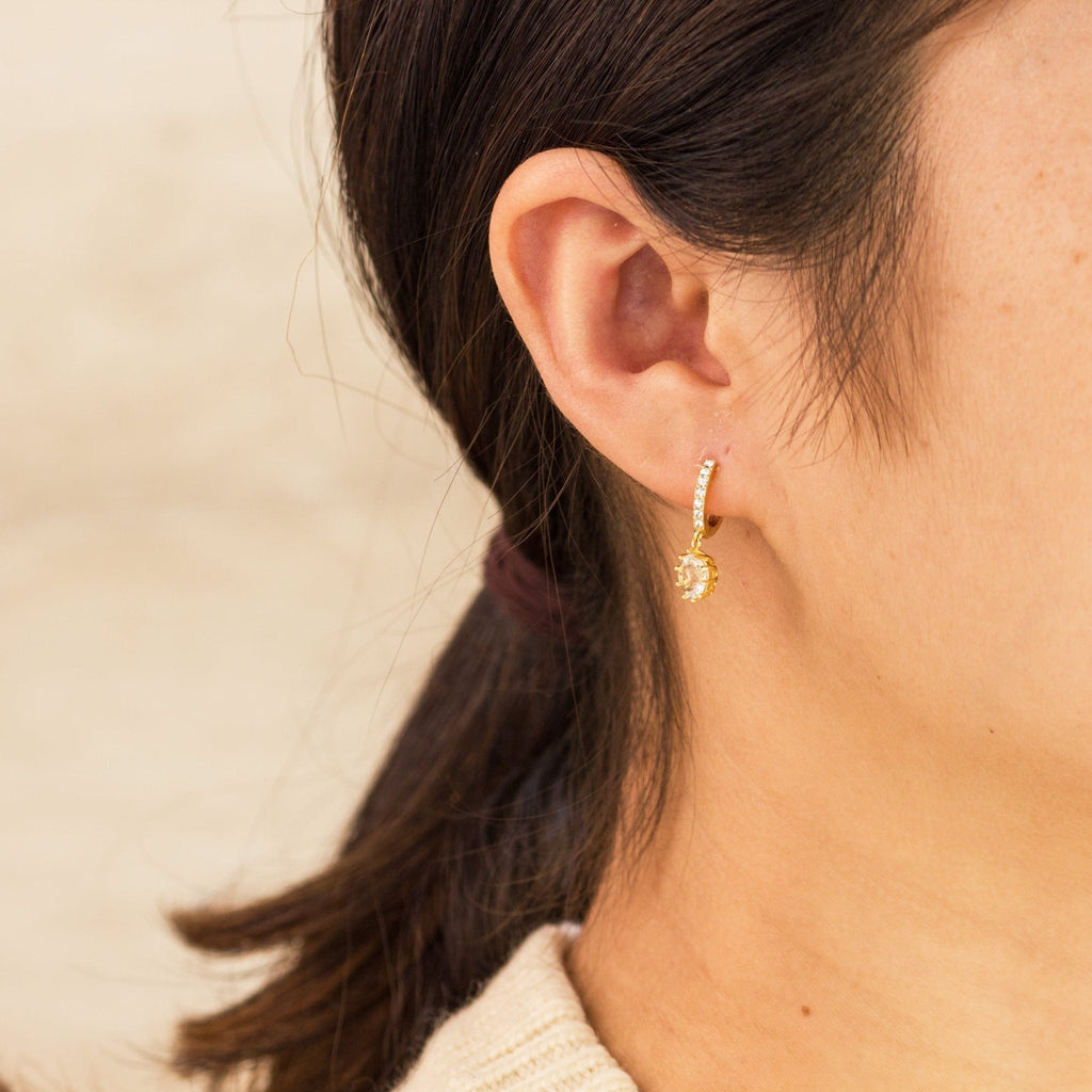 18k Gold Plated Solitaire Drop Hoop Earrings Created with Zircondia® Crystals