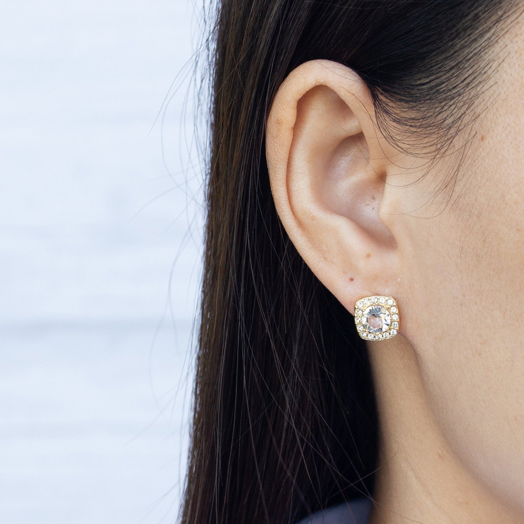 18k Gold Plated Square Halo Earrings Created with Zircondia® Crystals