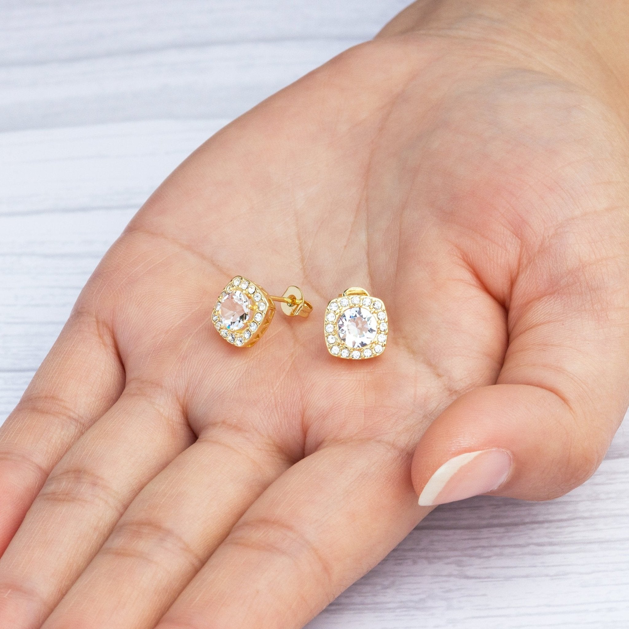 18k Gold Plated Square Halo Earrings Created with Zircondia® Crystals