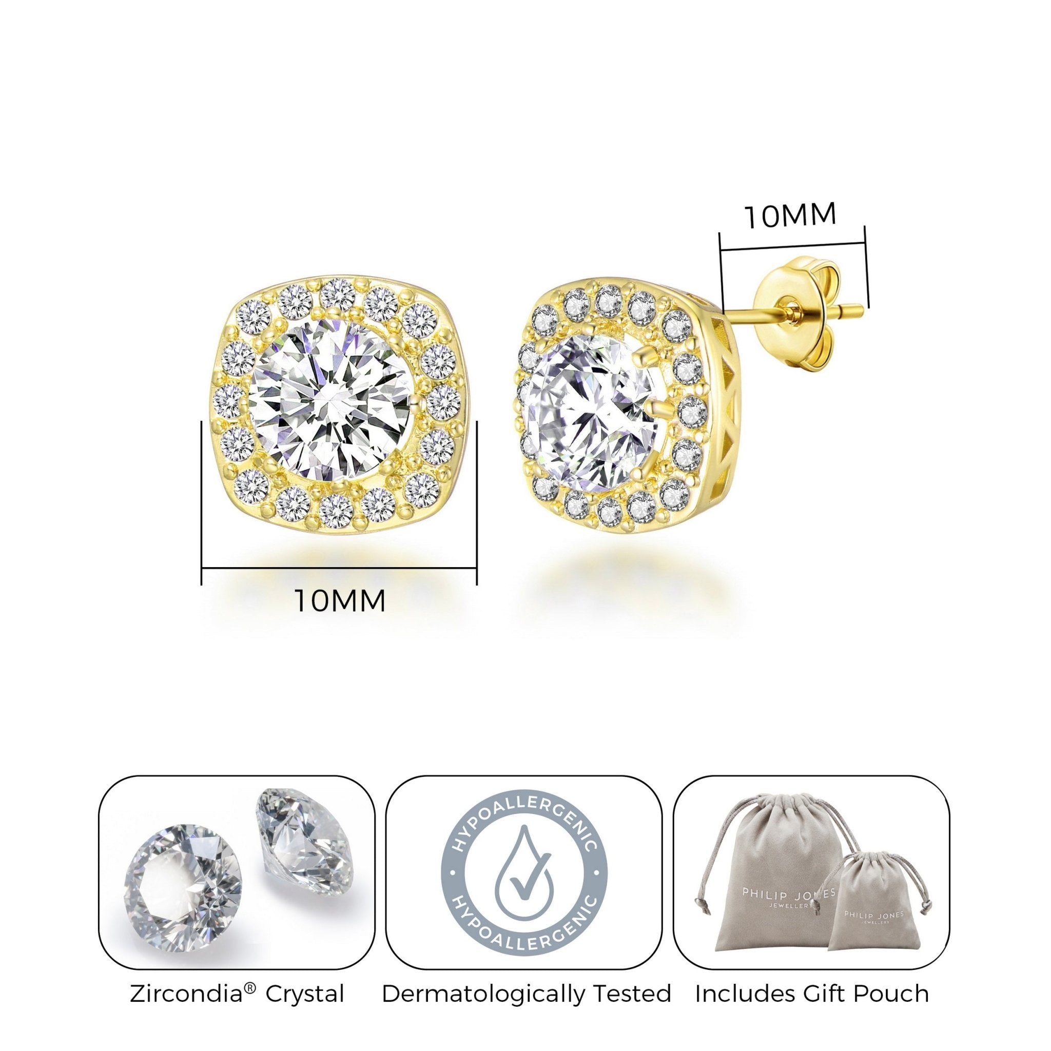 18k Gold Plated Square Halo Earrings Created with Zircondia® Crystals