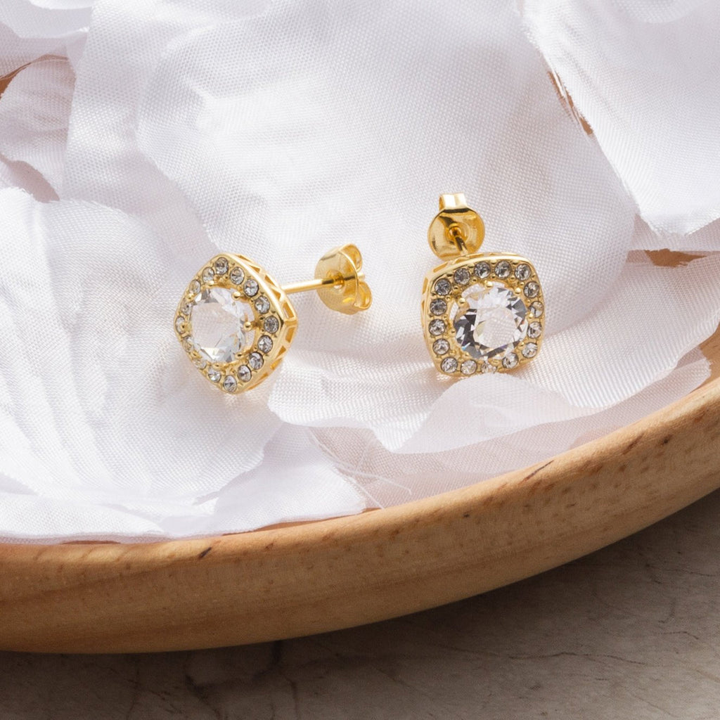 18k Gold Plated Square Halo Earrings Created with Zircondia® Crystals