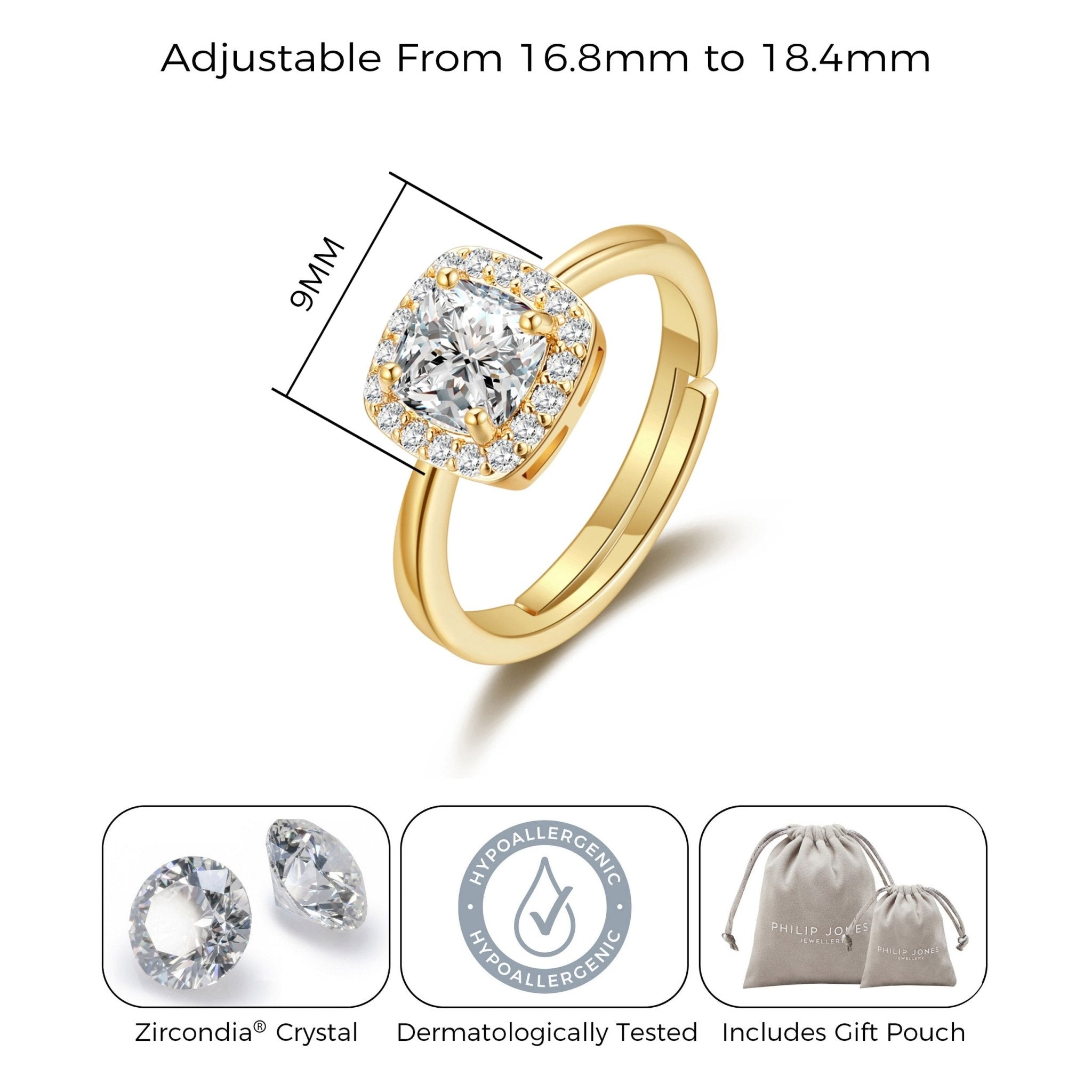 18k Gold Plated Square Halo Adjustable Ring Created with Zircondia® Crystals