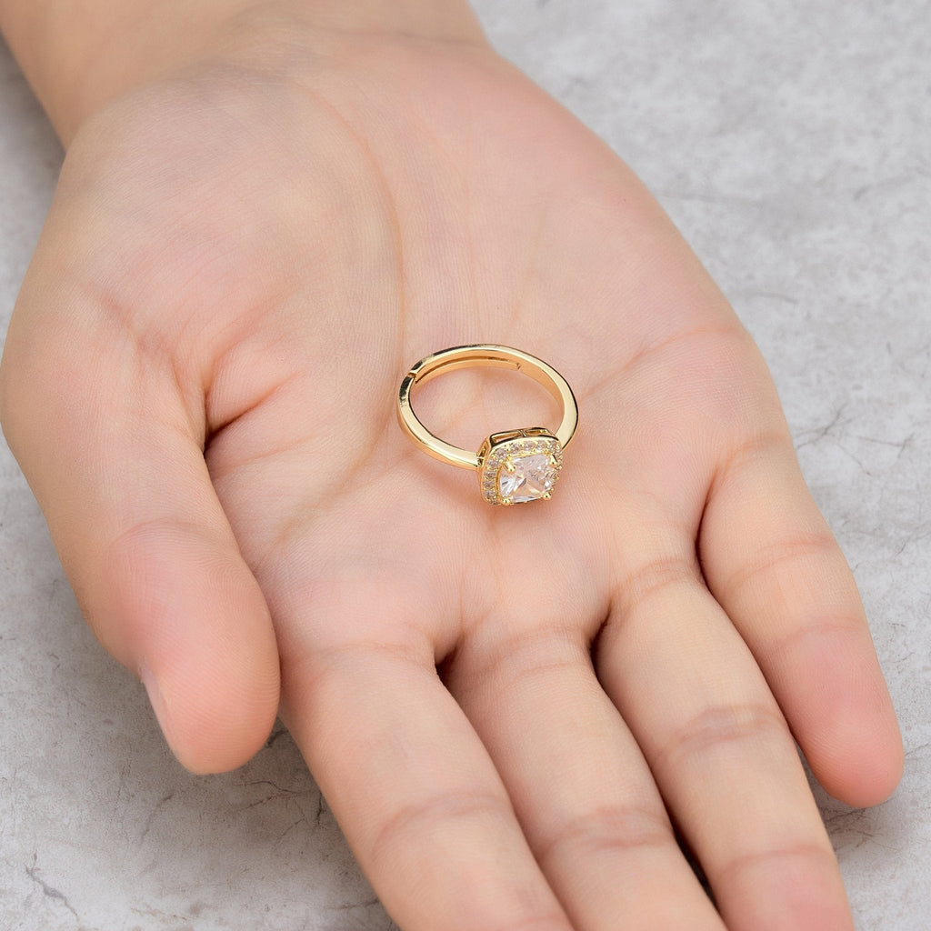 18k Gold Plated Square Halo Adjustable Ring Created with Zircondia® Crystals