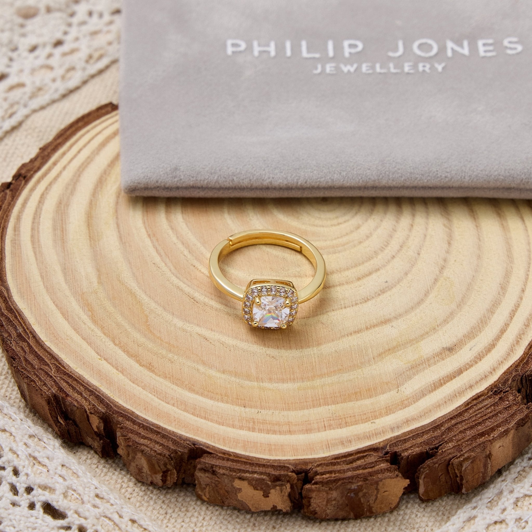 18k Gold Plated Square Halo Adjustable Ring Created with Zircondia® Crystals