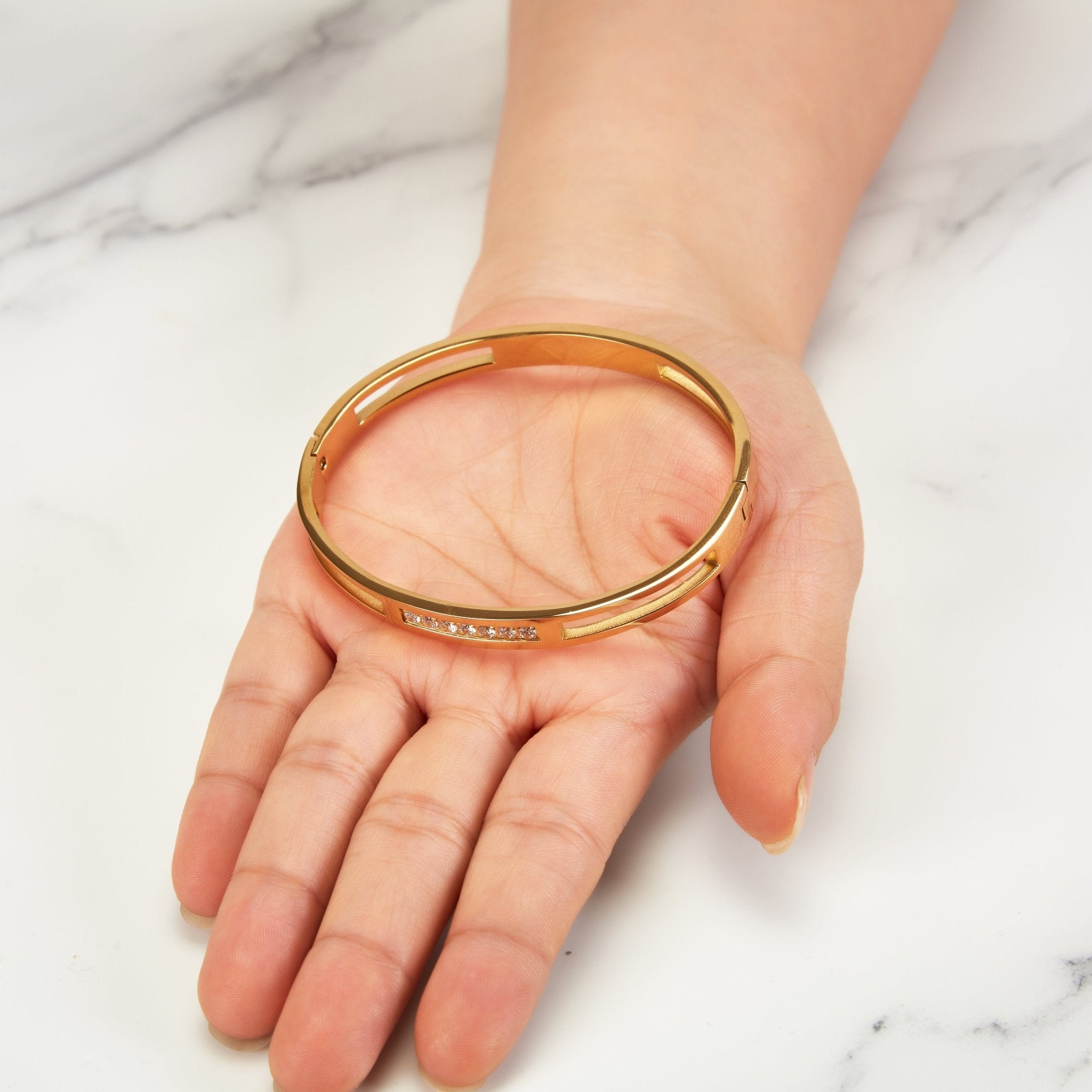 18k Gold Plated Stainless Steel Channel Bangle Created with Zircondia® Crystals (7 Inch)