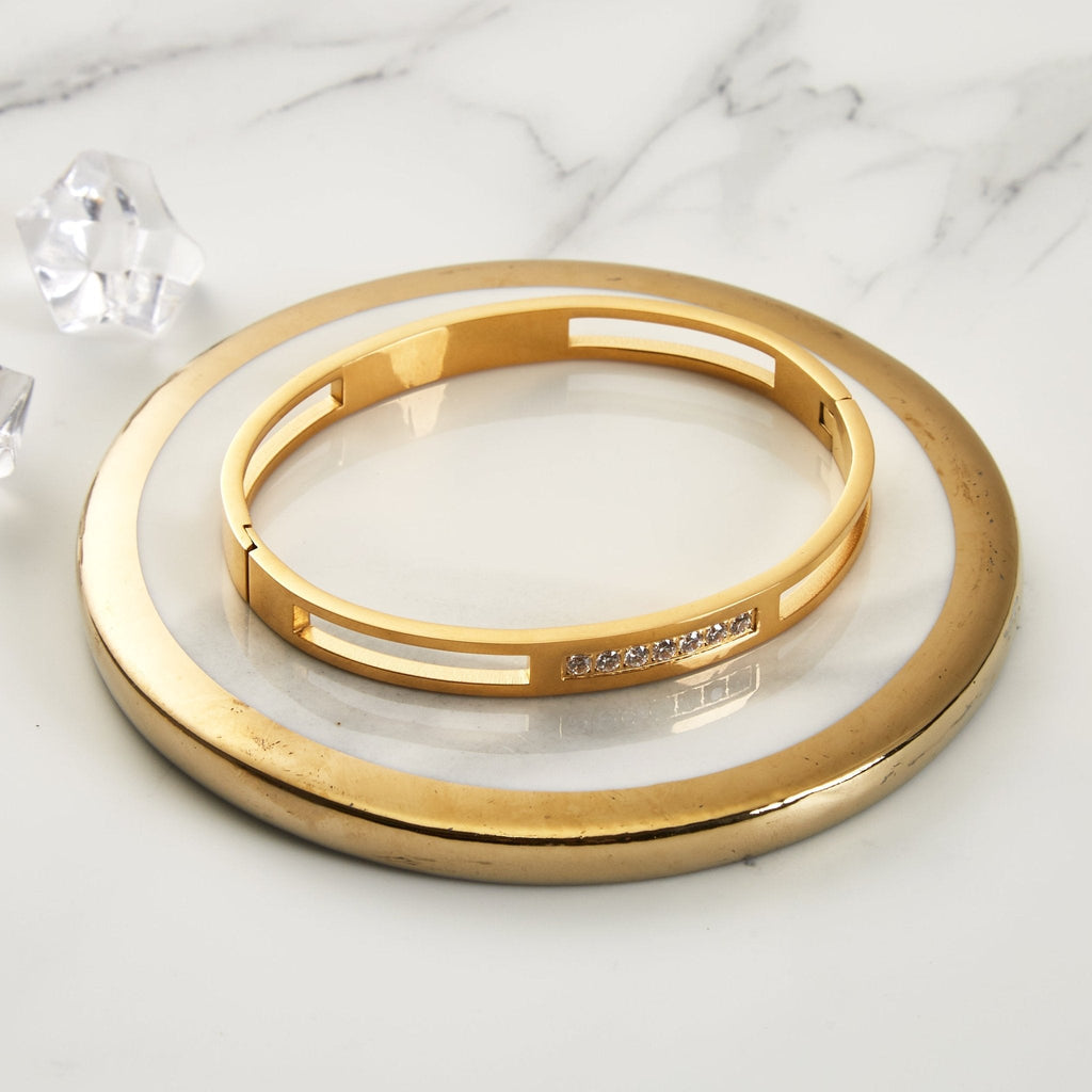 18k Gold Plated Stainless Steel Channel Bangle Created with Zircondia® Crystals (7 Inch)