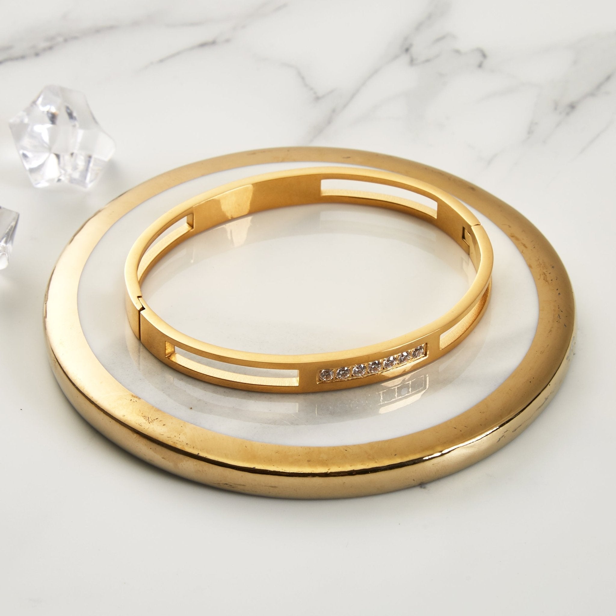 18k Gold Plated Stainless Steel Channel Bangle Created with Zircondia® Crystals (7 Inch)