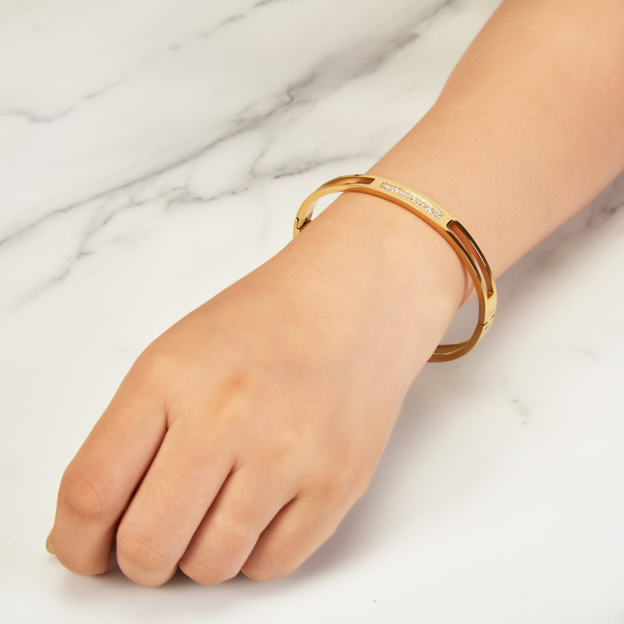 18k Gold Plated Stainless Steel Channel Bangle Created with Zircondia® Crystals (7 Inch)