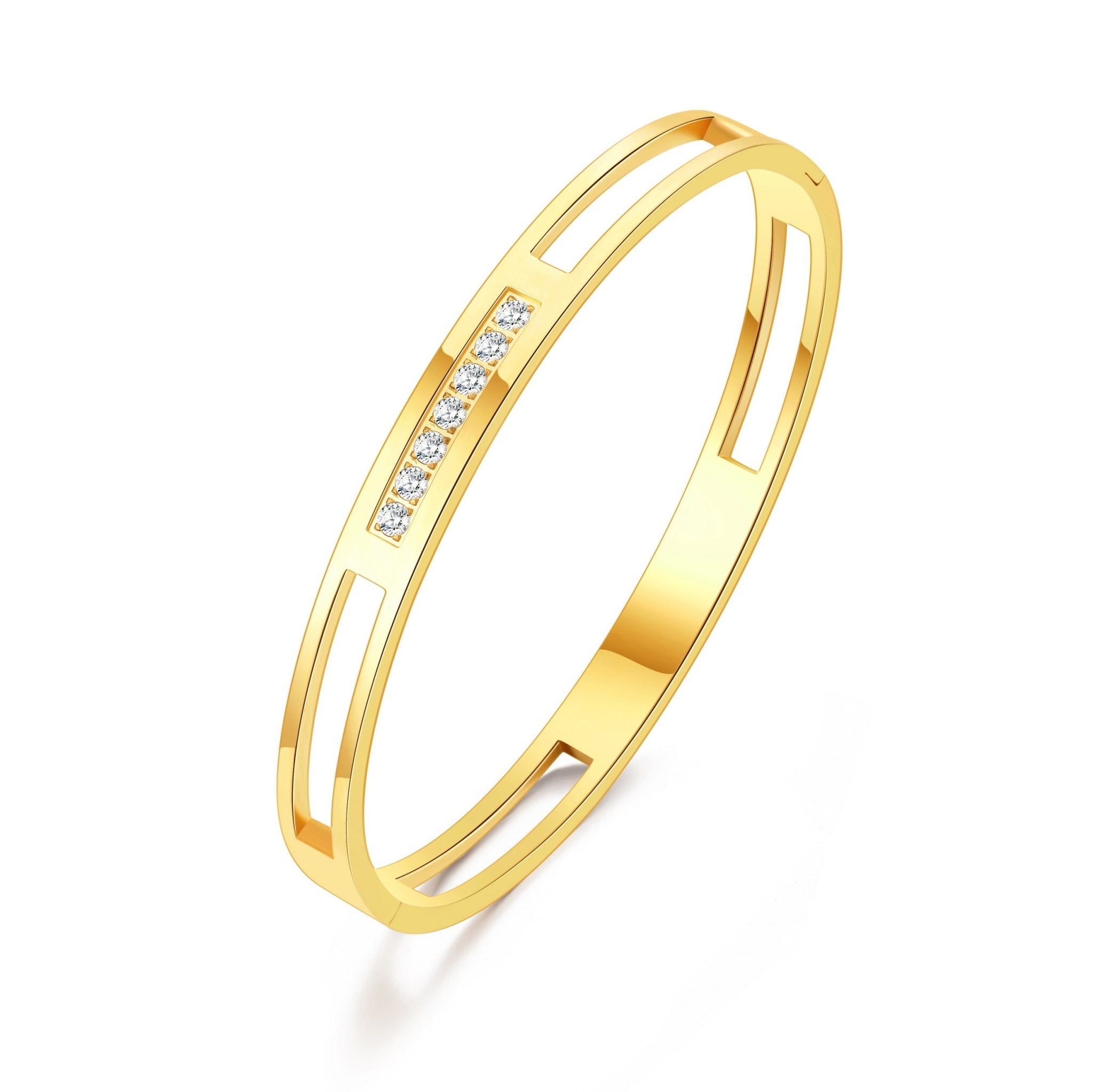 18k Gold Plated Stainless Steel Channel Bangle Created with Zircondia® Crystals (7 Inch)