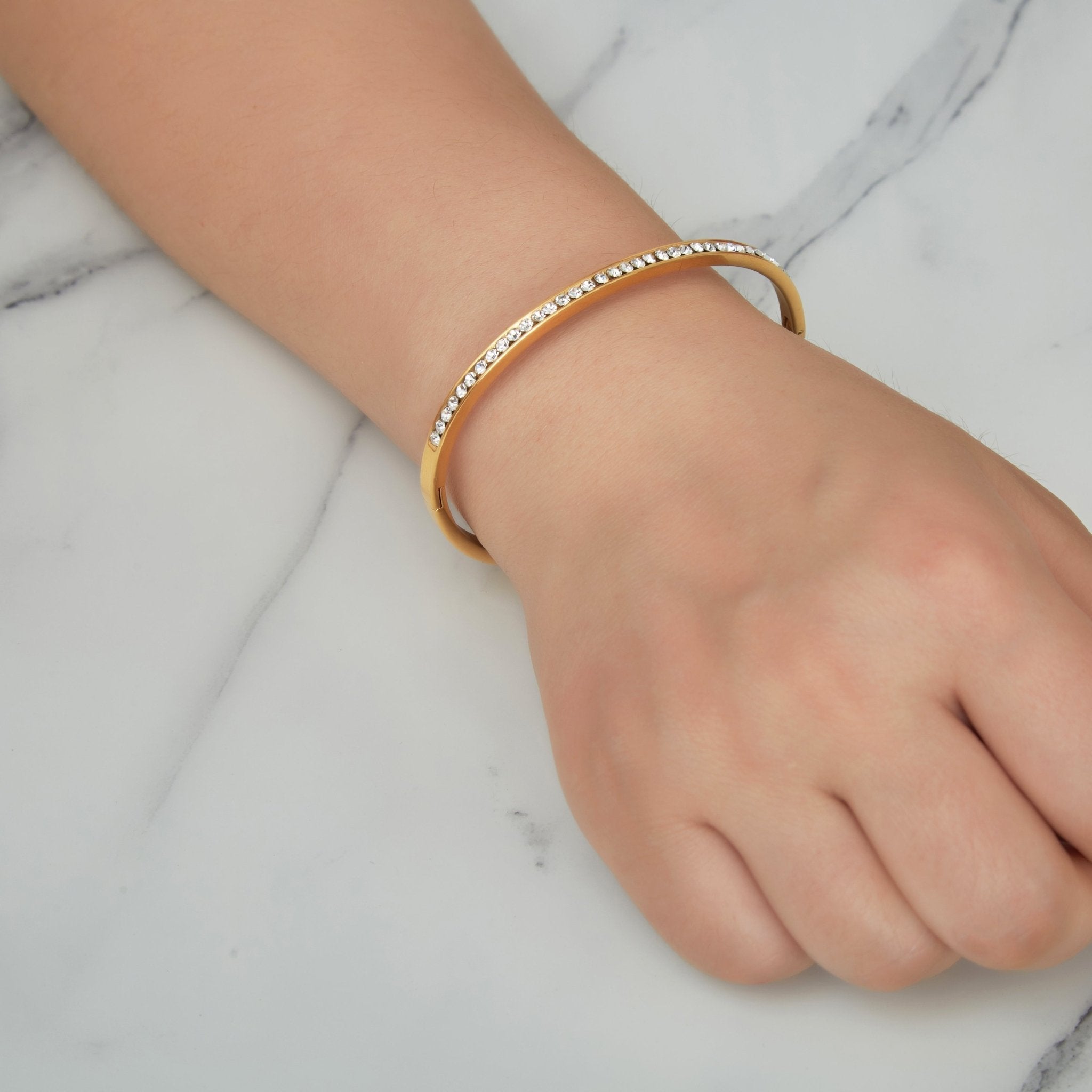 18k Gold Plated Stainless Steel Channel Set Bangle Created with Zircondia® Crystals (7 Inch)