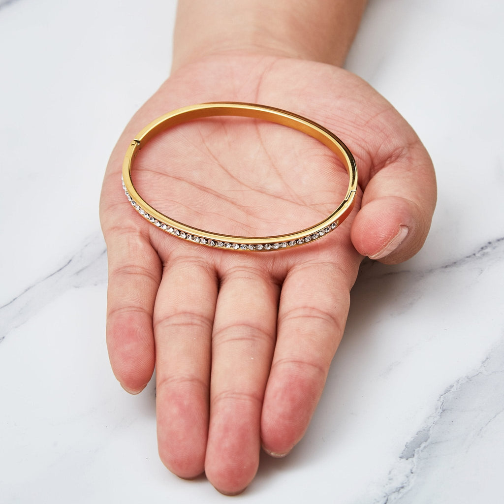 18k Gold Plated Stainless Steel Channel Set Bangle Created with Zircondia® Crystals (7 Inch)