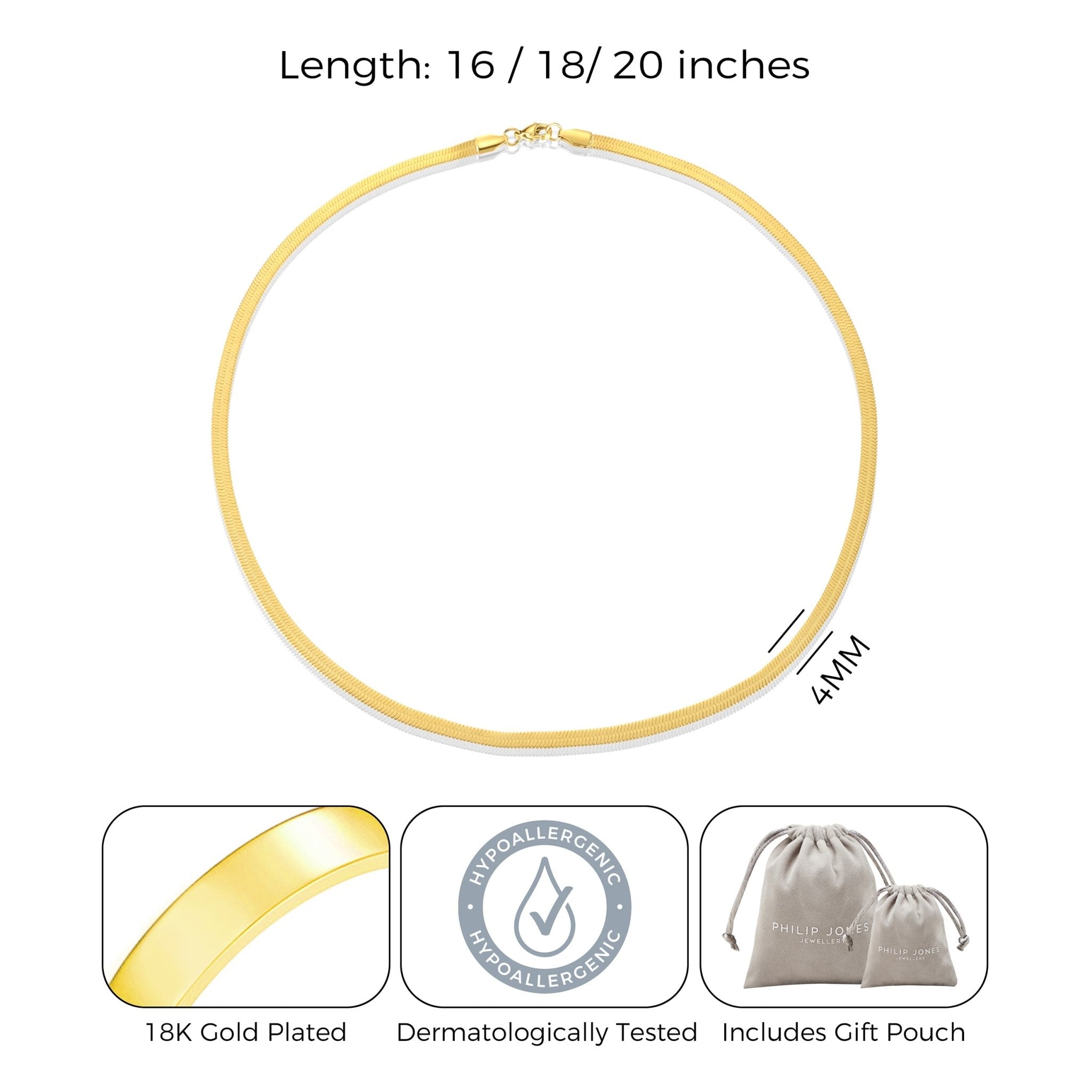 18k Gold Plated Stainless Steel Herringbone Flat Snake Chain 16" 18" 20" Inch Necklace