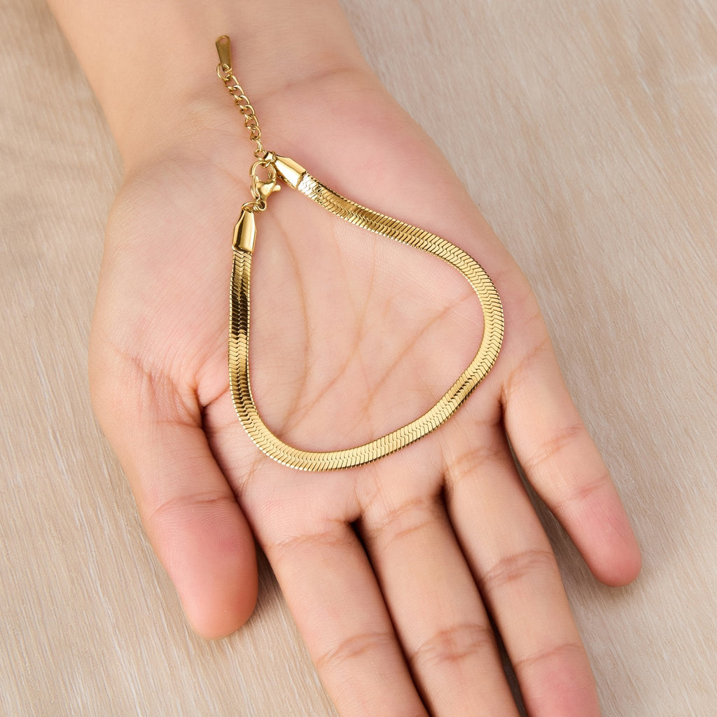 18k Gold Plated Stainless Steel Herringbone Flat Snake Chain Bracelet