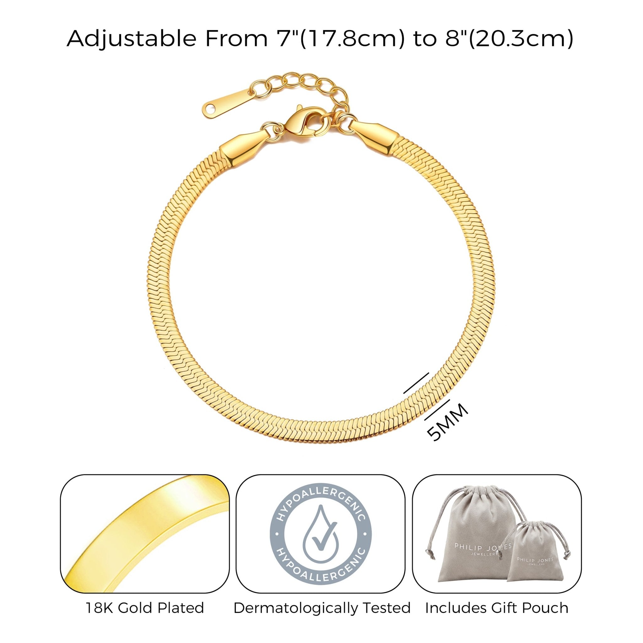 18k Gold Plated Stainless Steel Herringbone Flat Snake Chain Bracelet