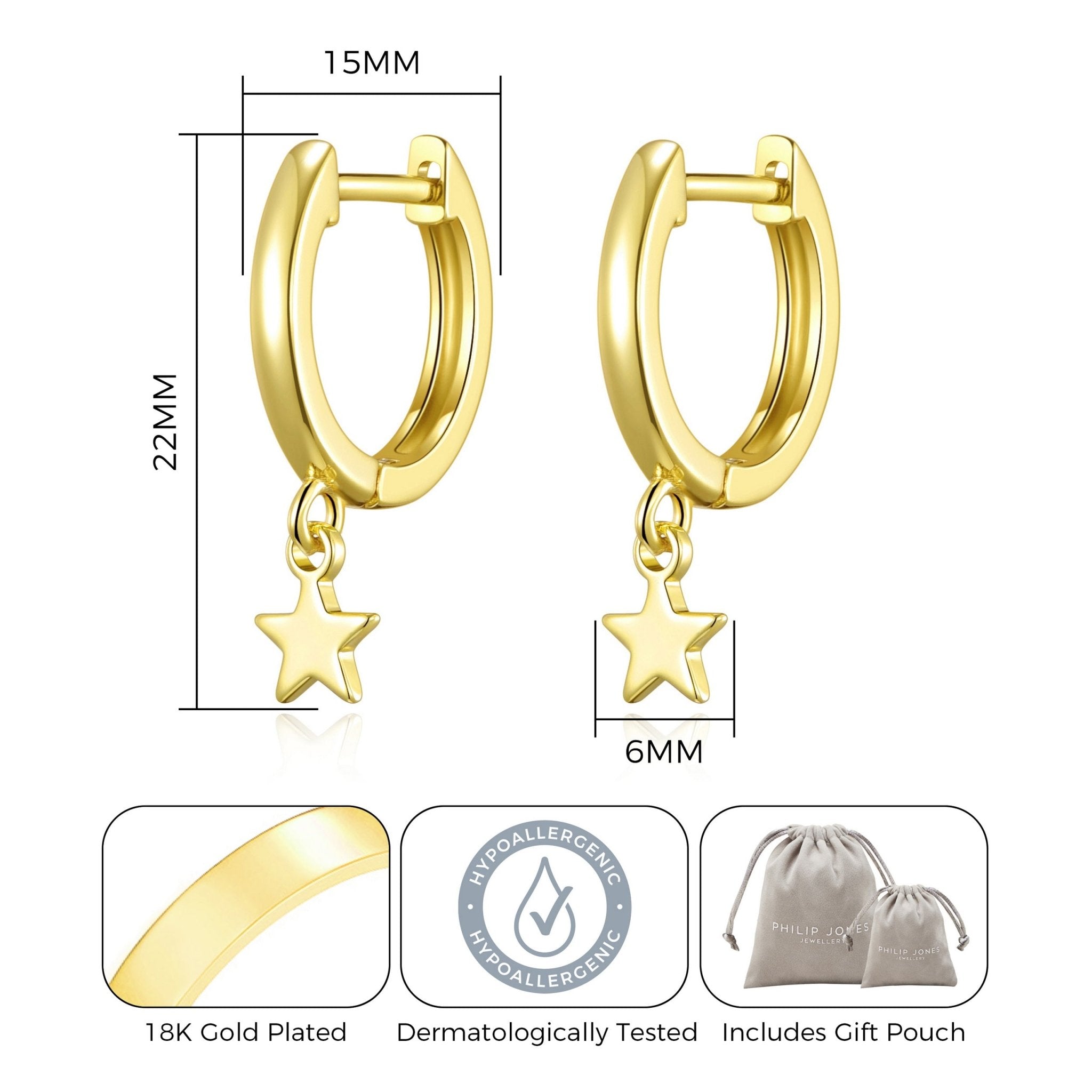 18k Gold Plated Star Charm Hoop Earrings