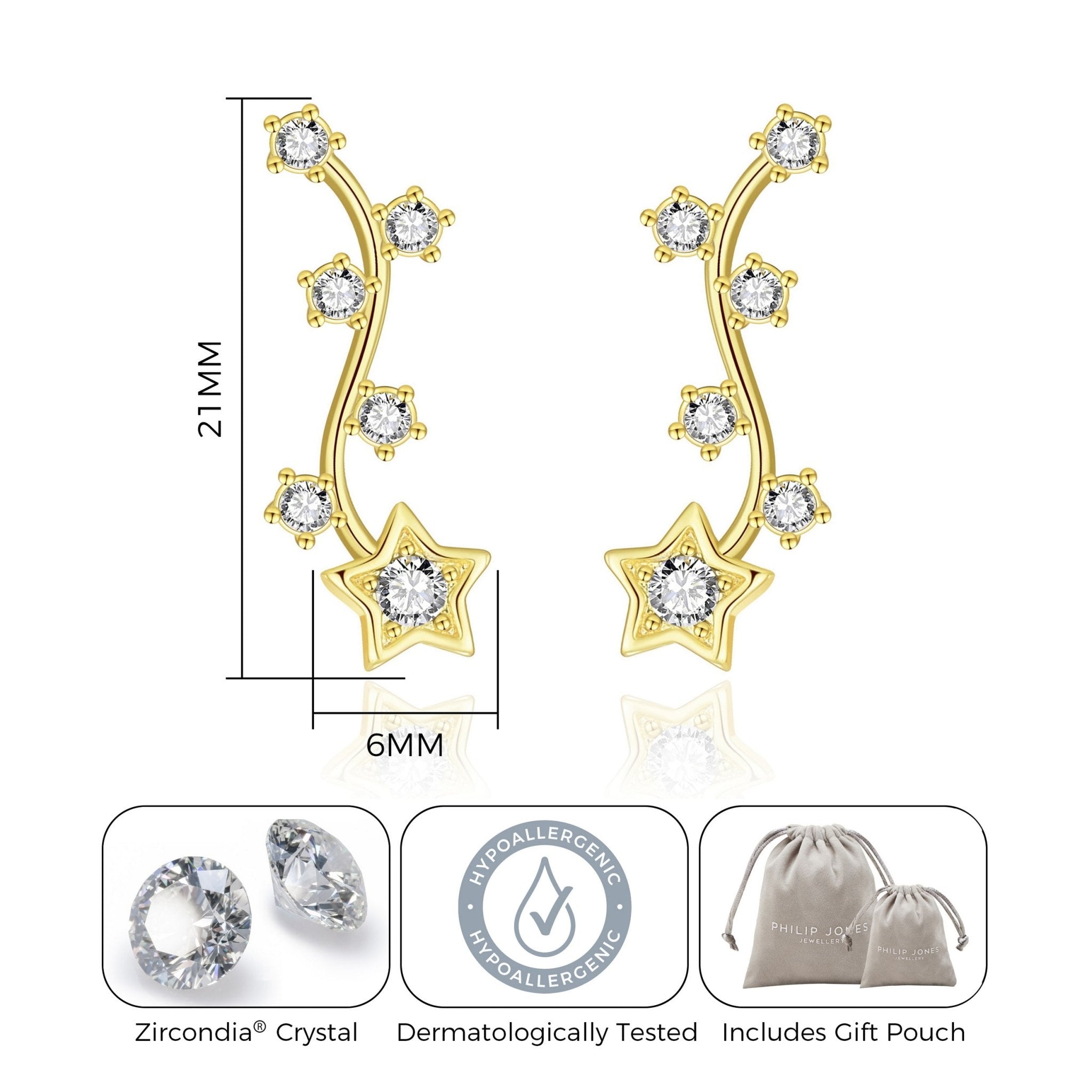 18k Gold Plated Star Climber Earrings Created with Zircondia® Crystals