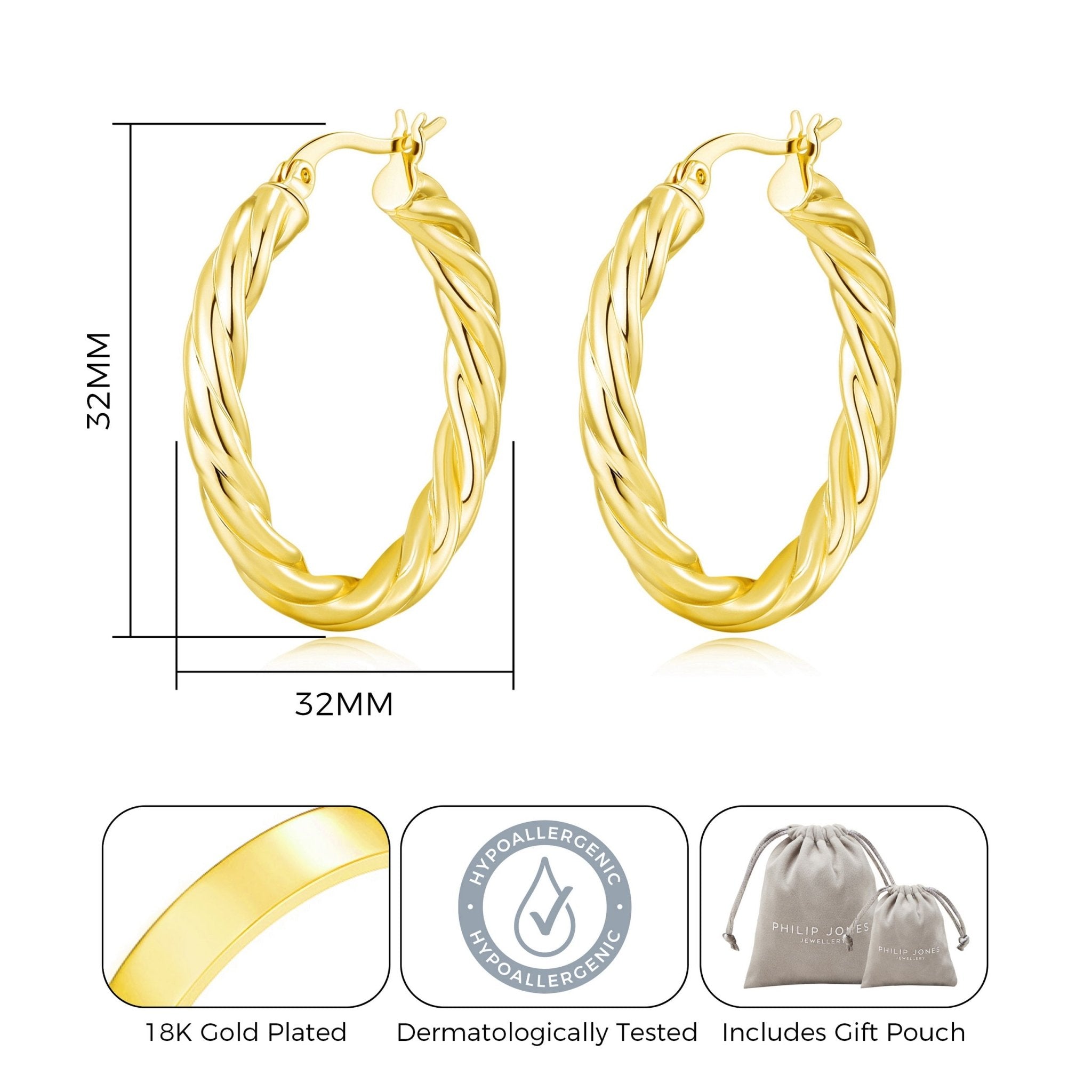 18k Gold Plated Thick Twisted Hoop Earrings