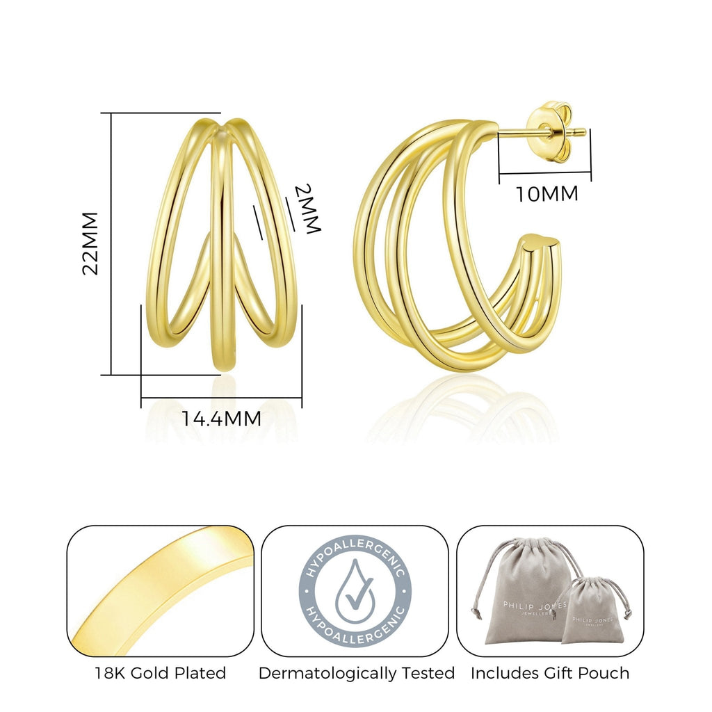 18k Gold Plated Triple Illusion Hoop Earrings