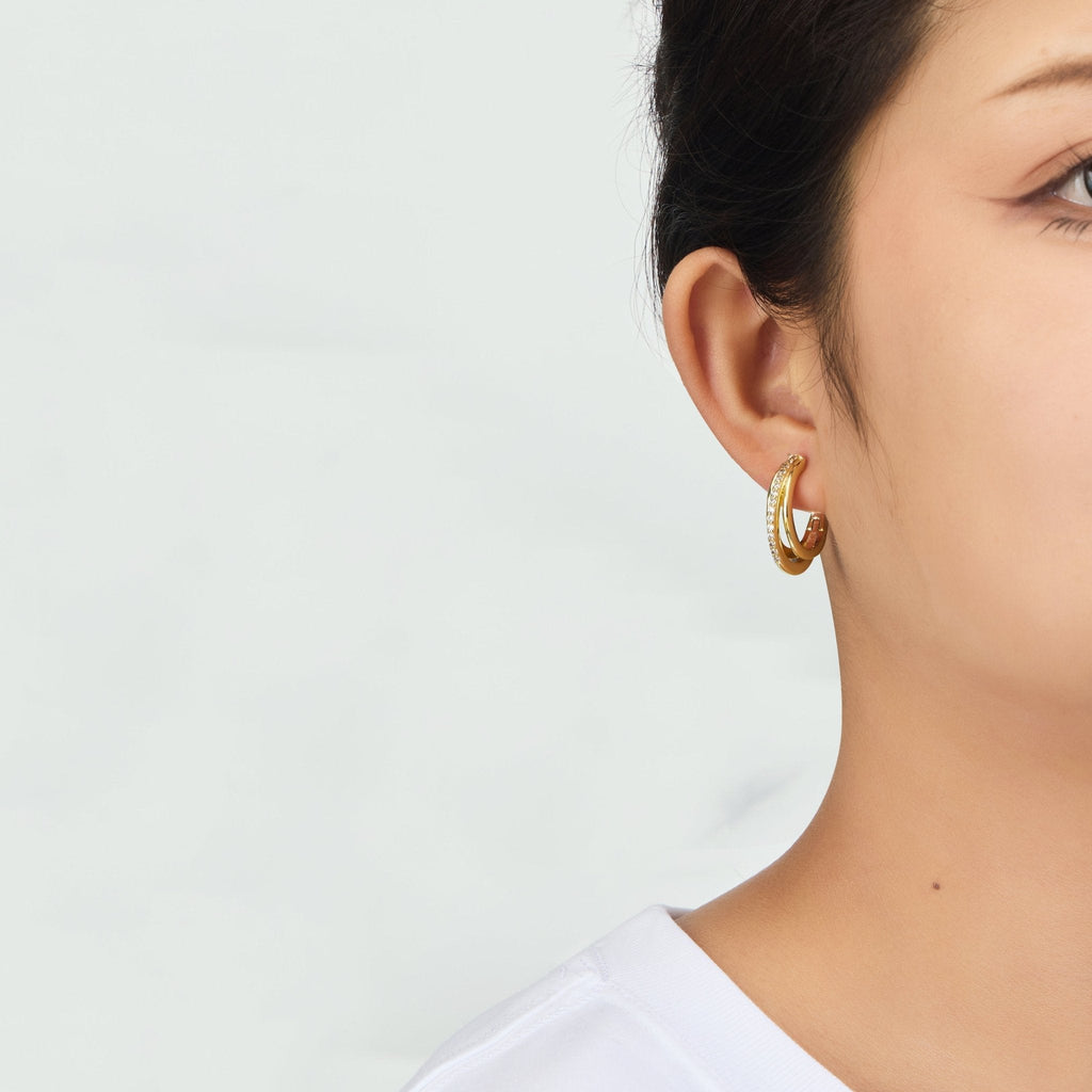18k Gold Plated Triple Illusion Hoop Earrings Created with Zircondia® Crystals