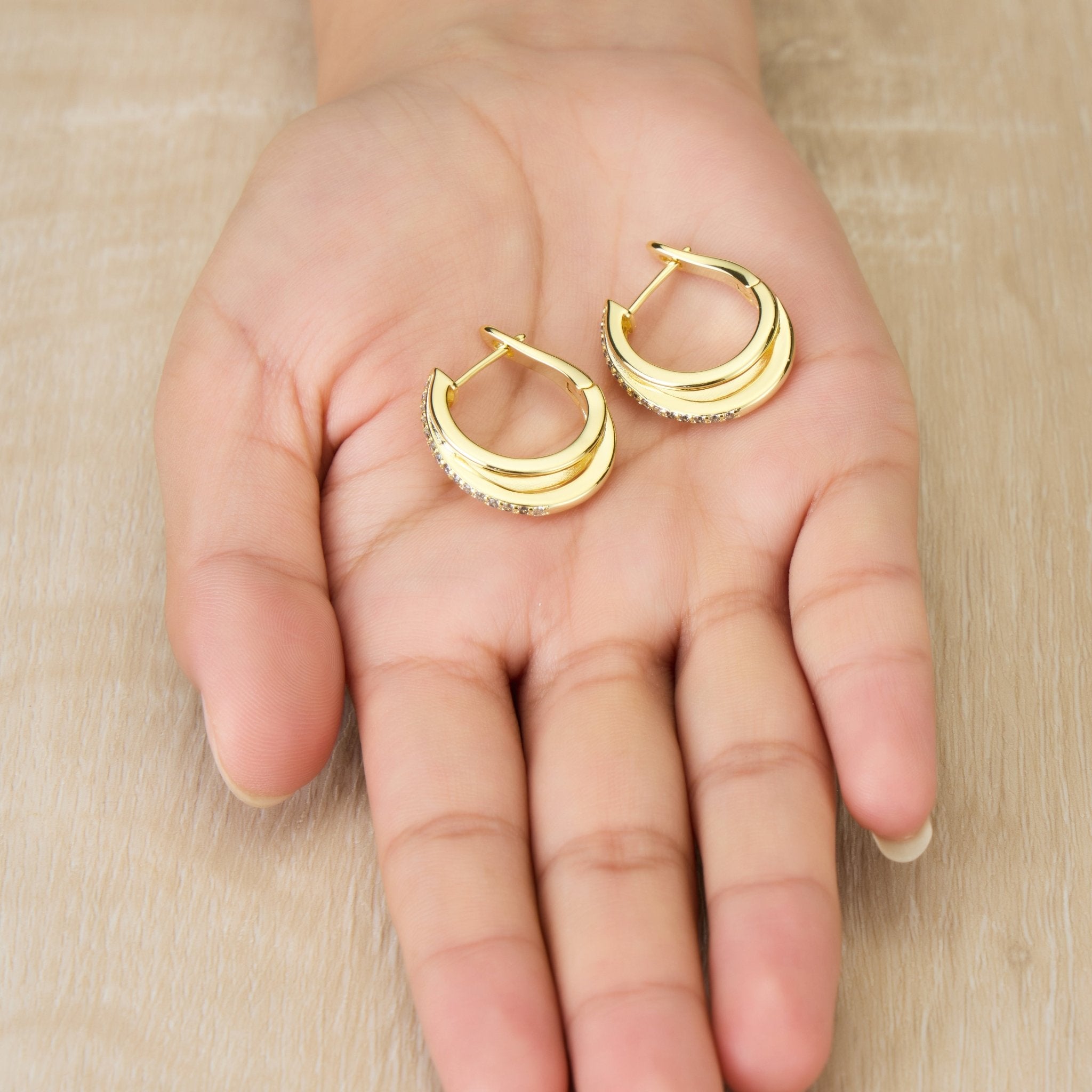 18k Gold Plated Triple Illusion Hoop Earrings Created with Zircondia® Crystals