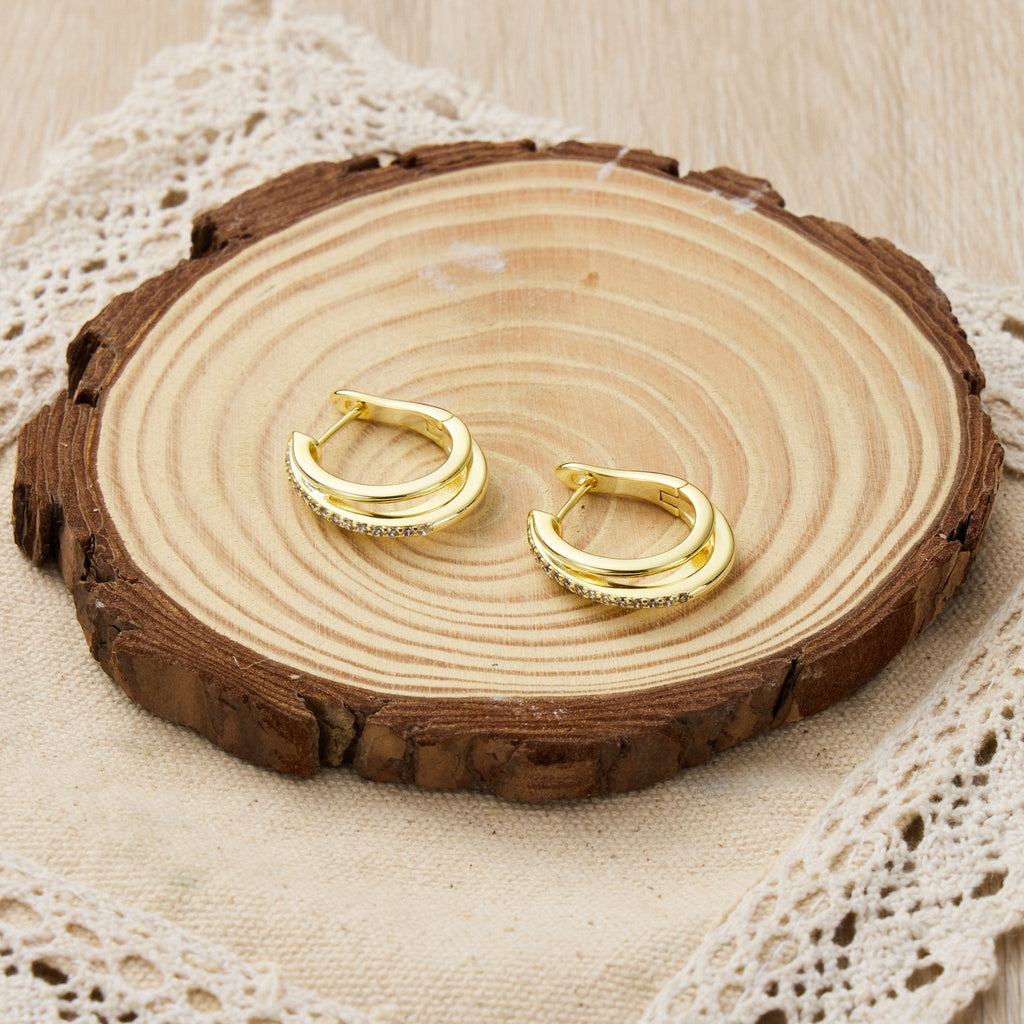 18k Gold Plated Triple Illusion Hoop Earrings Created with Zircondia® Crystals