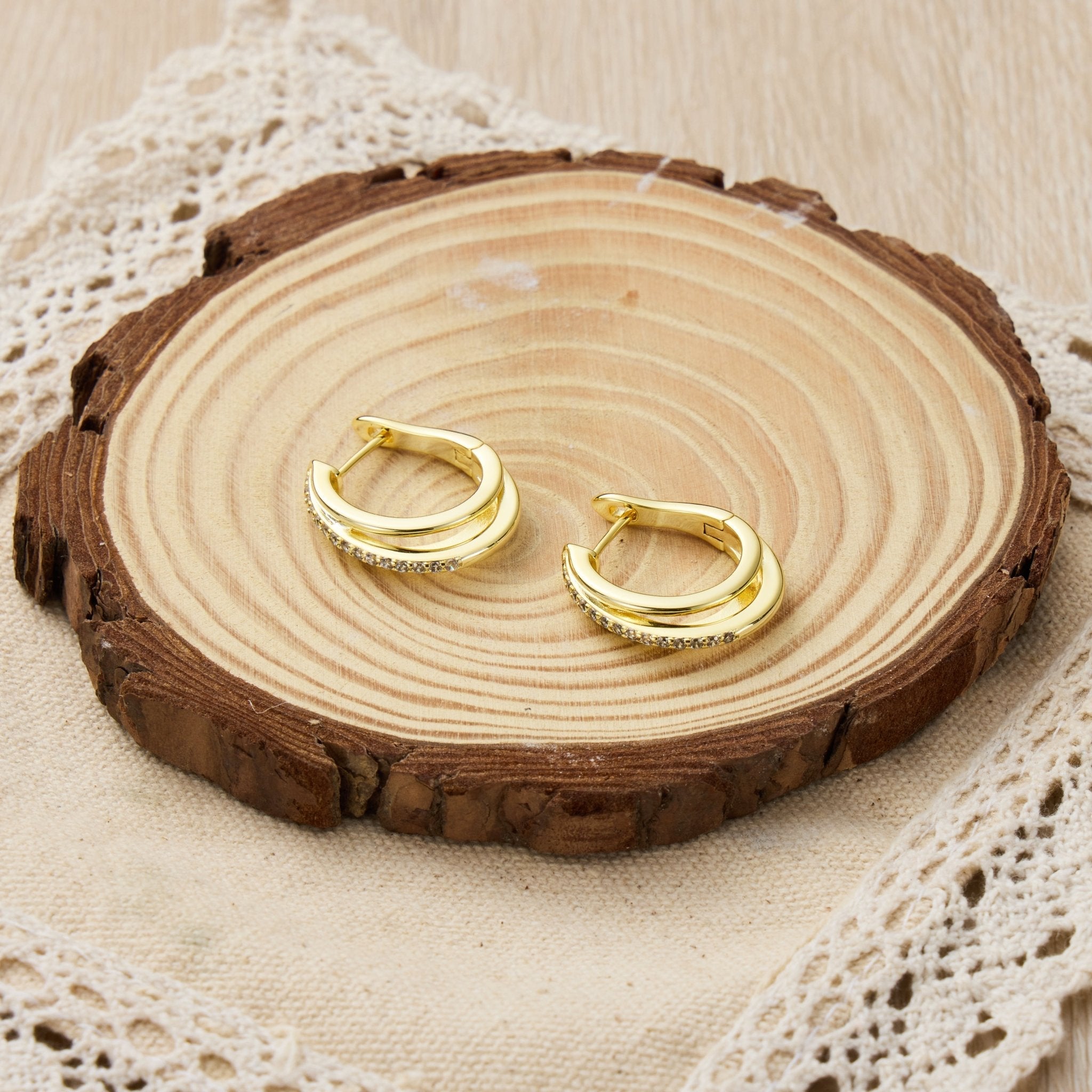 18k Gold Plated Triple Illusion Hoop Earrings Created with Zircondia® Crystals