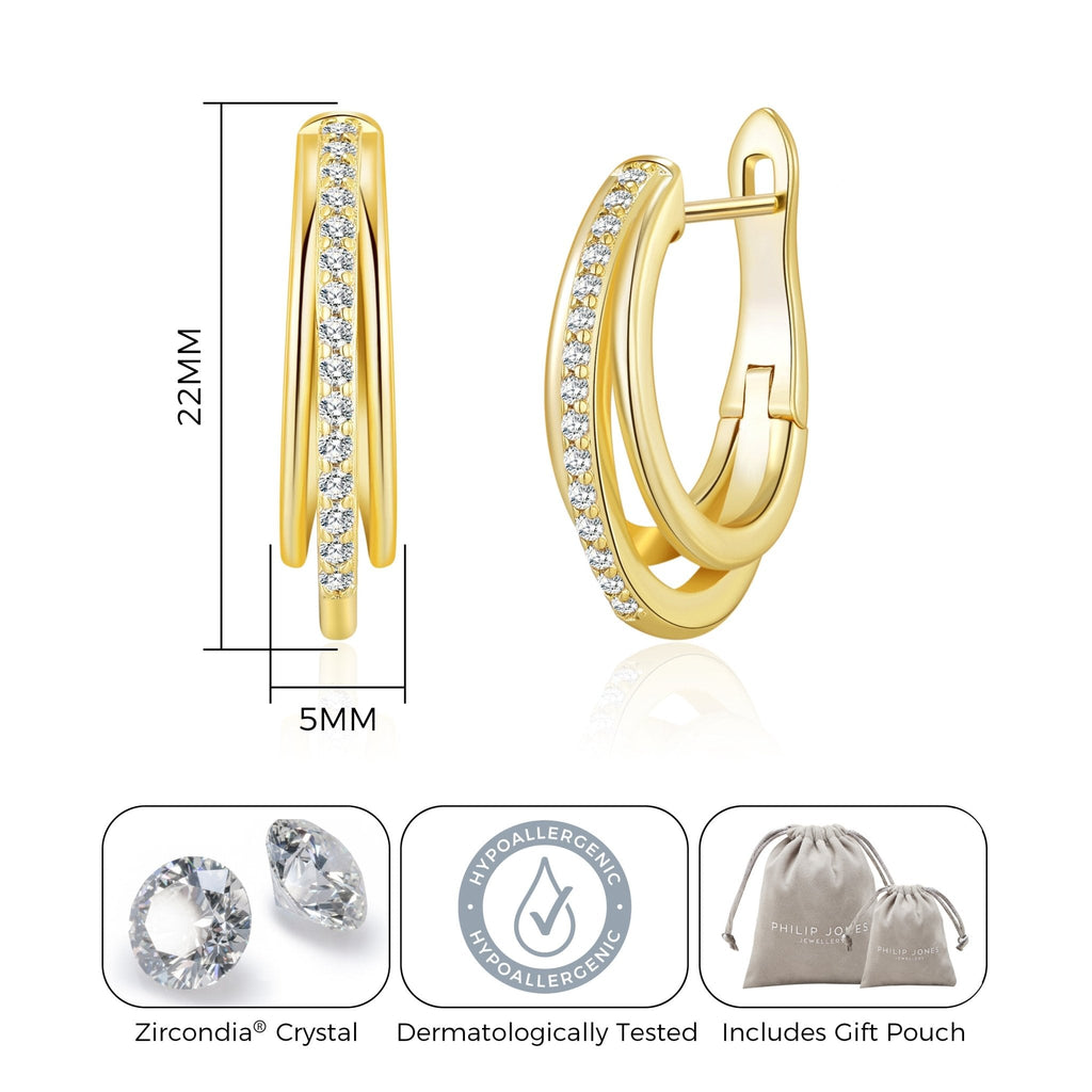18k Gold Plated Triple Illusion Hoop Earrings Created with Zircondia® Crystals