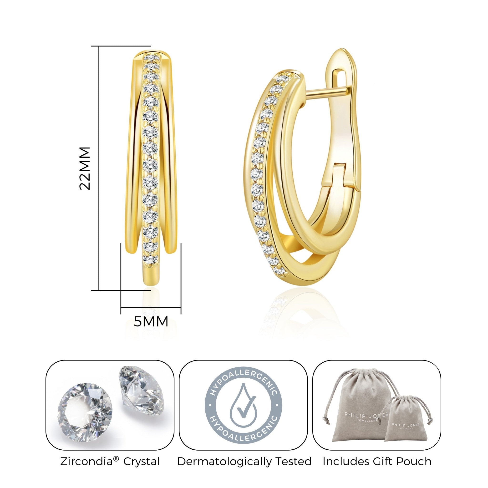 18k Gold Plated Triple Illusion Hoop Earrings Created with Zircondia® Crystals