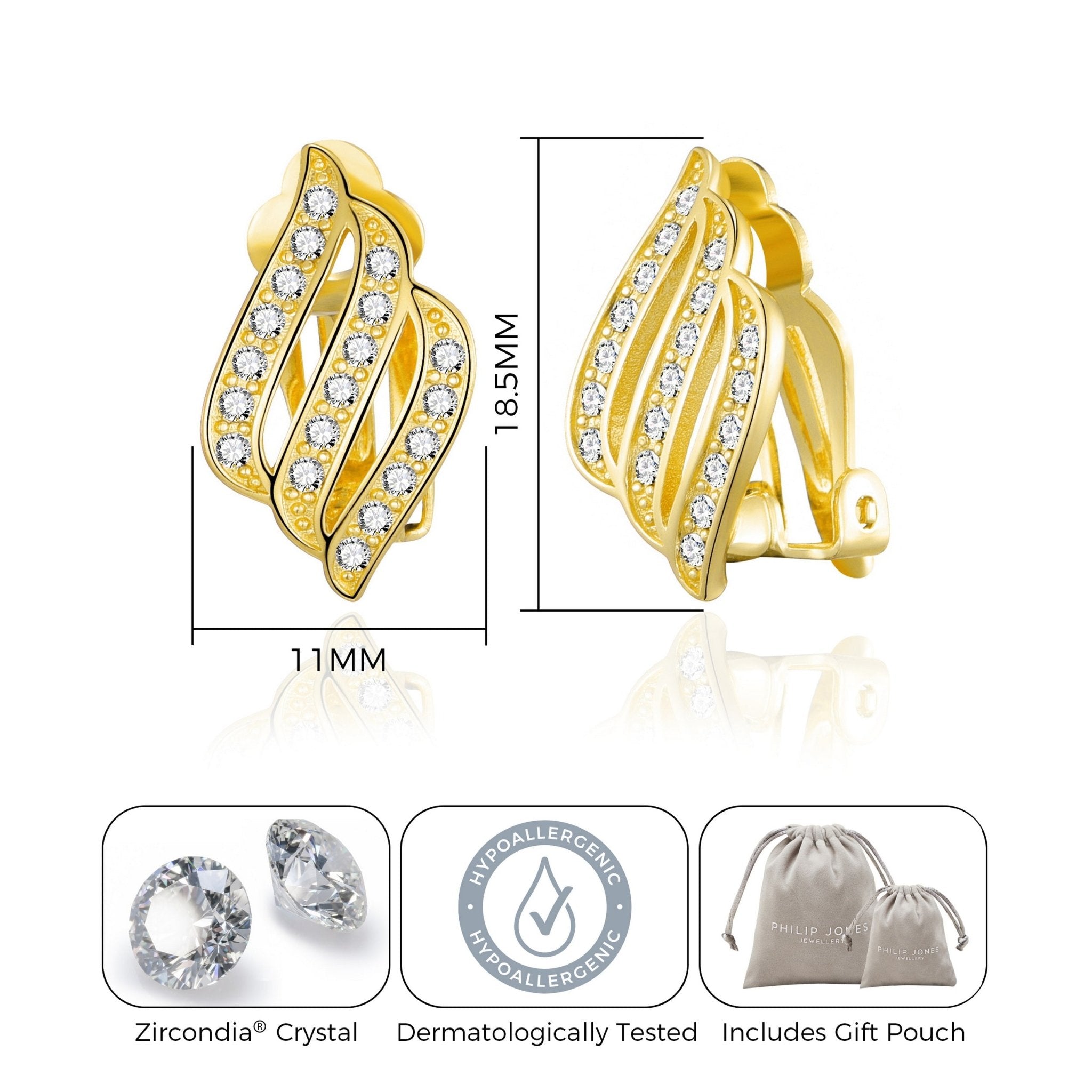 18k Gold Plated Triple Row Clip On Earrings Created with Zircondia® Crystals
