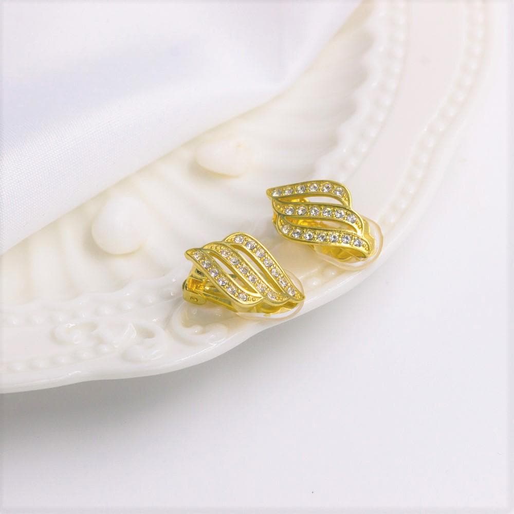18k Gold Plated Triple Row Clip On Earrings Created with Zircondia® Crystals