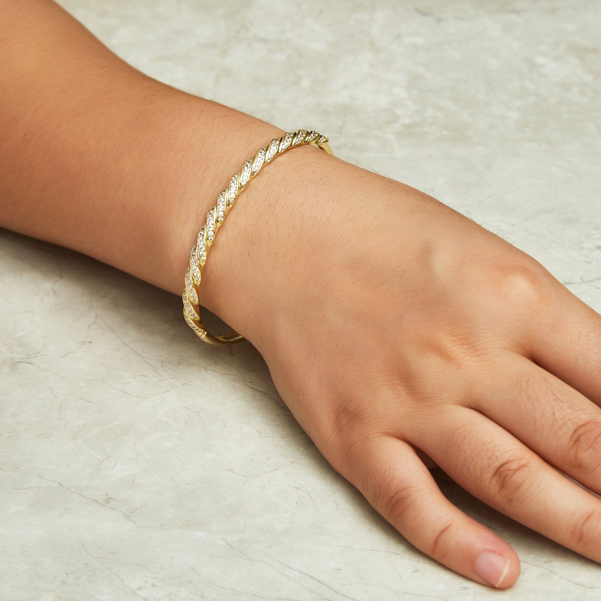 18k Gold Plated Twist Bangle Created with Zircondia® Crystals (7 Inch)