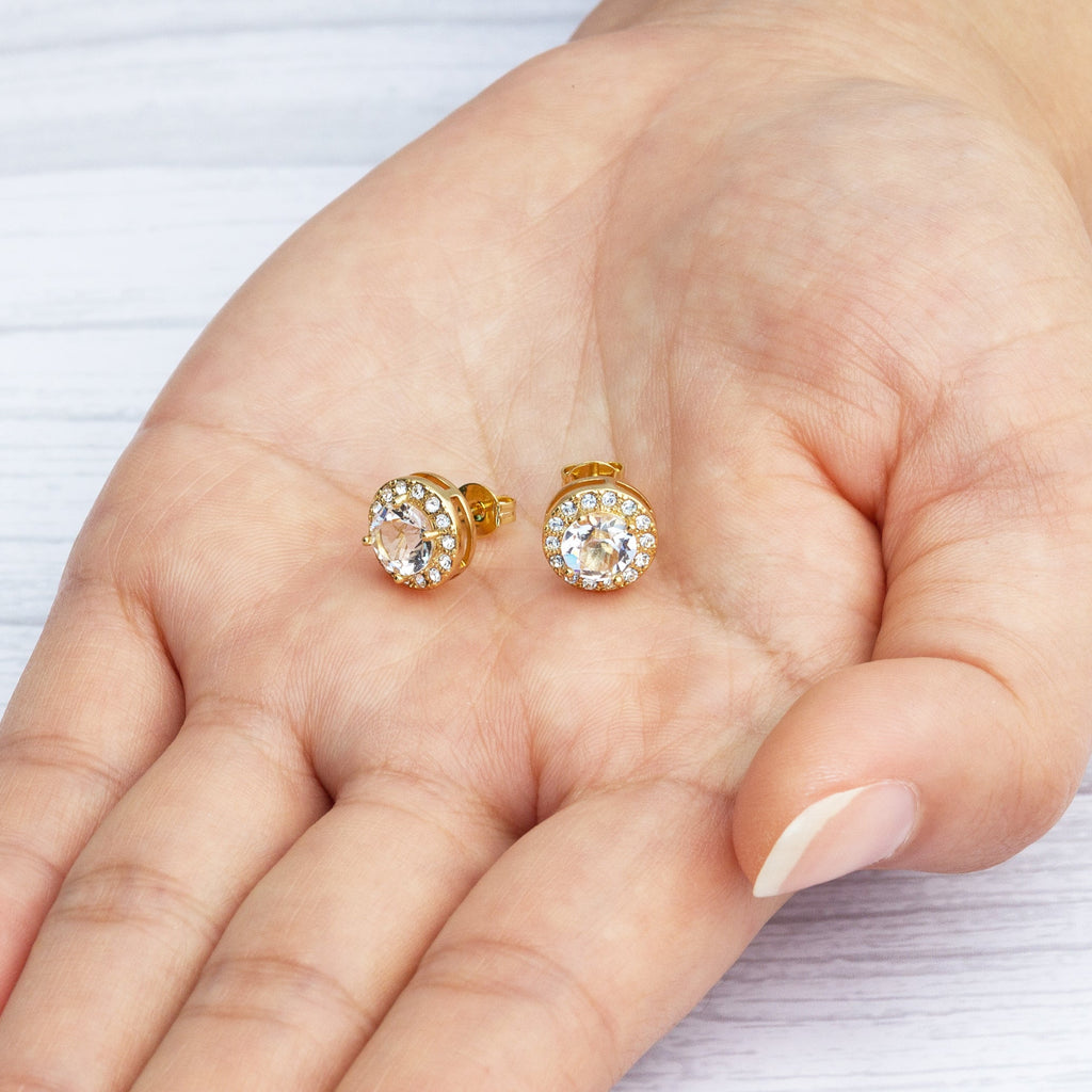 18k Gold Plated Halo Earrings Created with Zircondia® Crystals