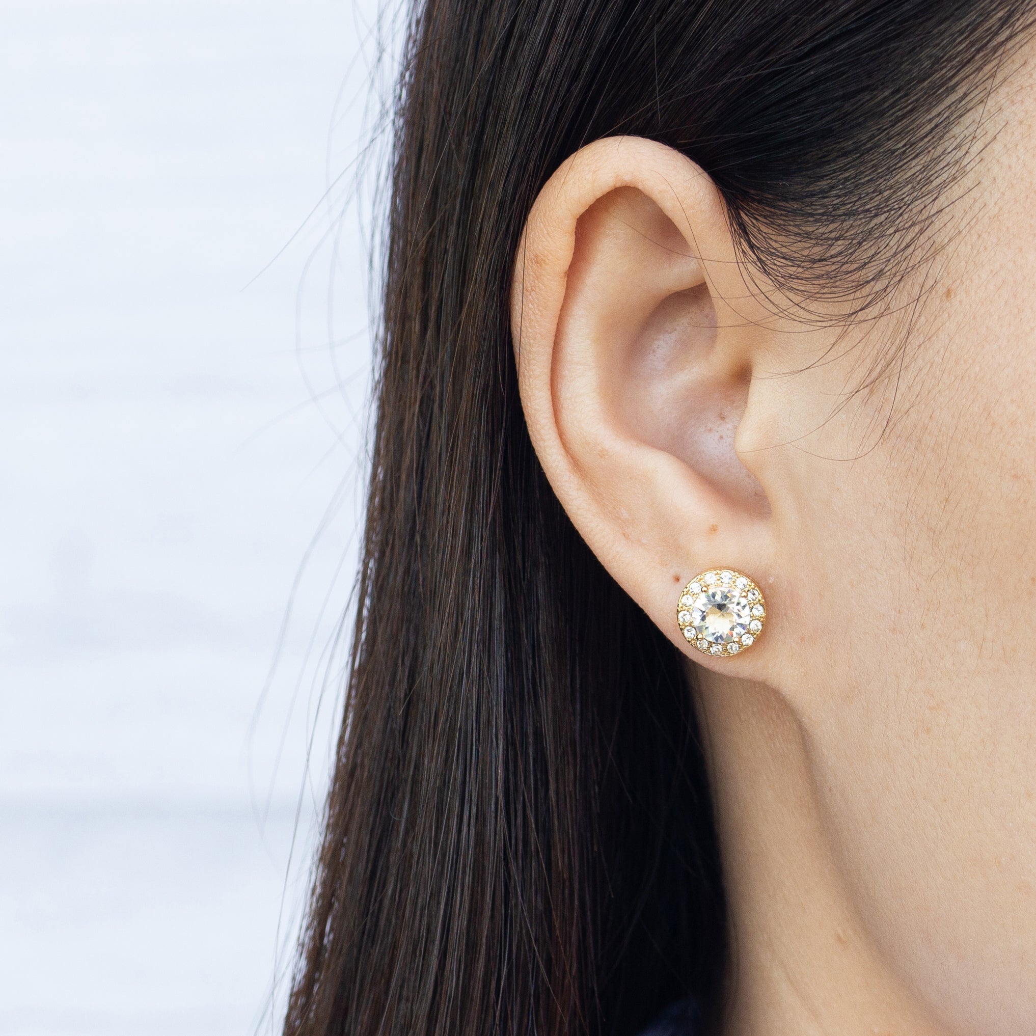 18k Gold Plated Halo Earrings Created with Zircondia® Crystals